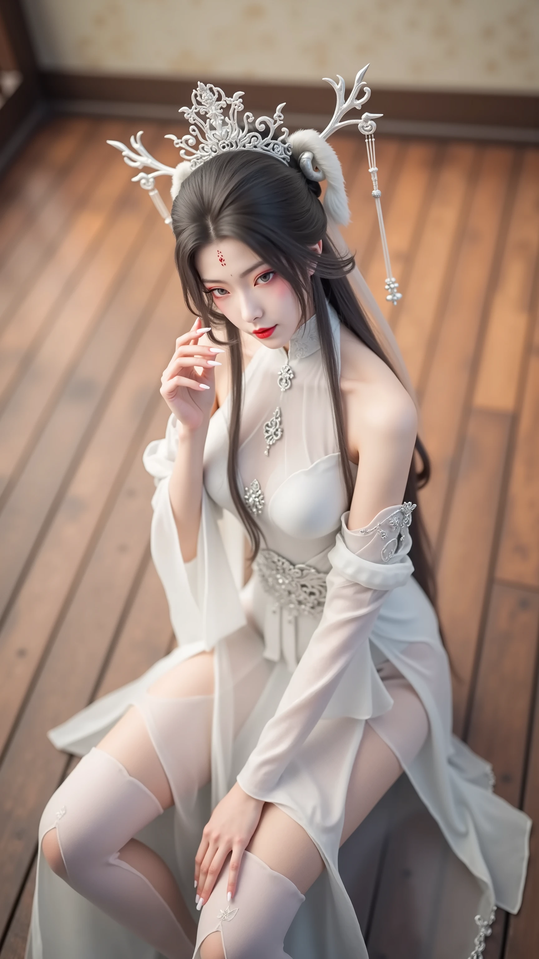Black long straight girl,White translucent white coat,Sleeveless wet water nurse gown,cropped shoulders,delicate finger,Slender legs,White skin of the,leg loops,Plump breasts,Small feet,Look up,Short white translucent skirt