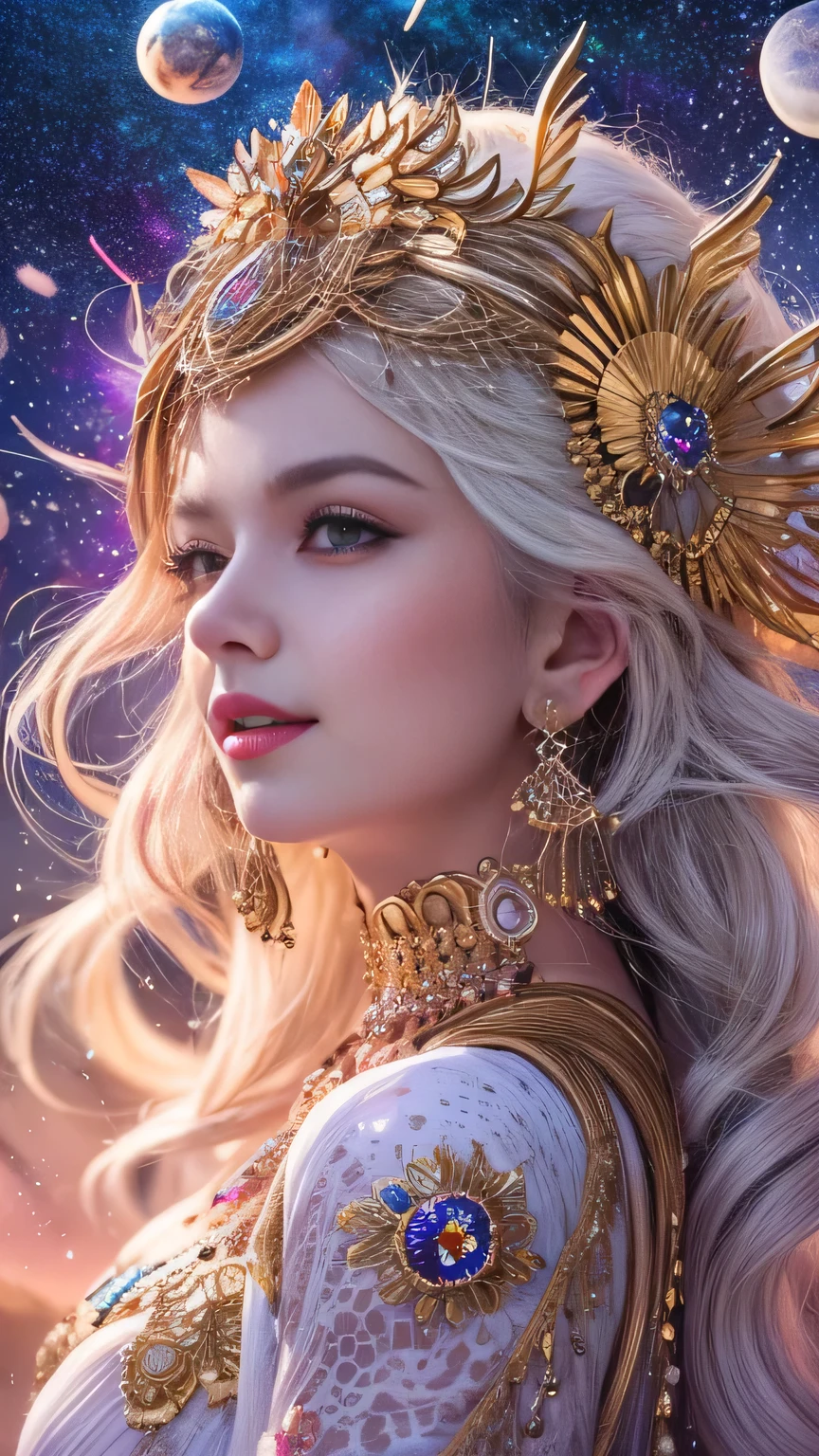 (8k, RAW photo, highest quality, masterpiece: 1), highest quality, (correct anatomy: 1.2), (photorealistic: 1.7), ultra HD, surreal, official art, divine nature, elegant and noble , violet, white, blonde, accurate and perfect human anatomy, knee-high shot, girl, gentle smile, space goddess, sky goddess, cute smile, beautiful face, detailed and perfect face, even and big eyes, perfect proportions, huge breasts, slim waist, navel, wide hips, crotch gap, sexy thighs, naked, standing with arms outstretched, perfect hands and fingers, (beautiful hair accessories, necklace, earrings, expensive jewelry,: 1.5), intricate details, sacredness, chaos, charm, majesty, beautiful psychedelia, highly detailed, intricate, beautiful starry sky, magic of colors , realism, (countless light particles falling from the sky: 1.5), (millions of light particles), background is night sky, lots of stars, full moon,