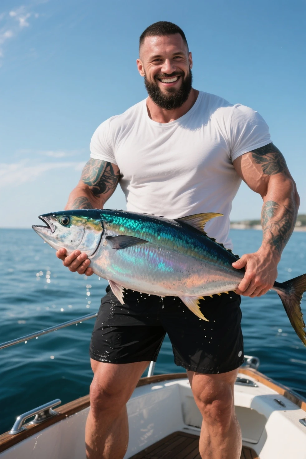 A strong man with a tan, fishing, huge fish, on the cruiser, the dazzling summer sun, the blue sky,