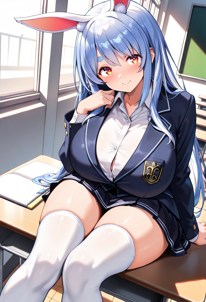 Nejire Hado, gray tailored suit, open tailored suit, A white blouse, open blouse, white lace bra, medium breasts, slips thong, deep green mid-thigh skirt, smiling, Classroom, noon.