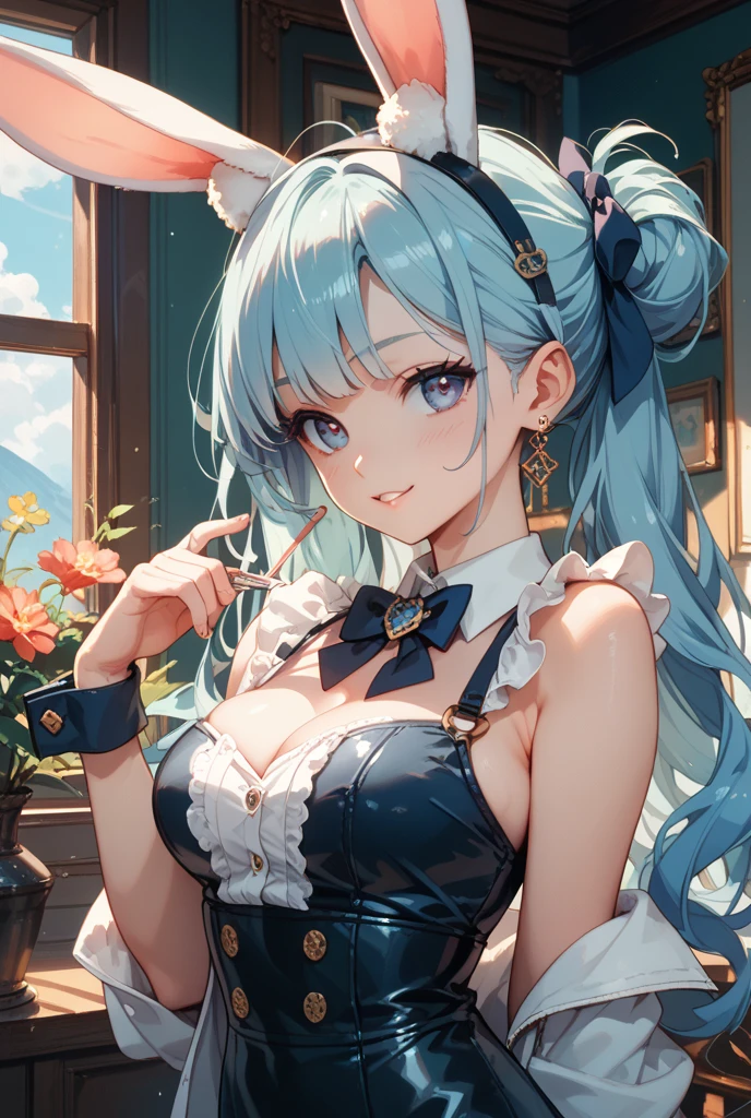 masterpiece, (best quality:1.4), detailed, girl, (solo), (white hair:1.2), (medium twintail hair:1.3), (sidelocks:1.1), (bangs:1.1), (large breast:1.3), hair ornament, (aqua eyes:1.2), (smile:1.2), flower on head, upper body, (dress:1.0), (laced dress:1.2), (looking at viewer:1.2), lace, detailed eyes, detailed hair, highres, outdoor, (flowers:1.1), sky, (lighting:1.2), high details
