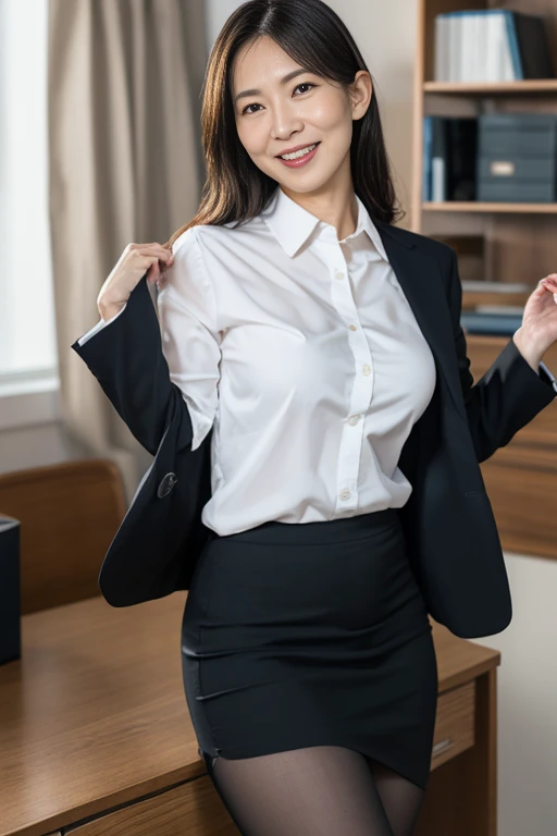 Stick your tongue out,leaning forward:1,bent over,Inside a suit shop,(The skin is wet from sweat),Wearing a shirt:1.2,Suits lined up,(Put your hands forward),looking at the camera,Cleavage,smile,Skirt Lift、Lift your skirt with your hands,woman, 20-year-old, Short Hair、bangs、(Plain suit skirt),(White lace panties)、Cute earrings,Natural lighting