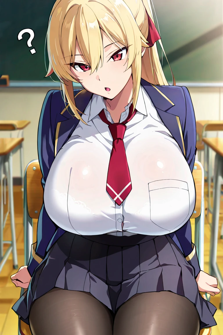 masterpiece, Highest quality, High resolution, 1girl kaori saeki, Spaghetti Straps、Black vest、Red tie、Red Skirt、Black knee socks, classroom, Cowboy Shot, (Conceit:0.3), View your viewers, Focus Only、Sit on a chair with your legs apart、Voluptuous thighs、Big Boobs、Big ass、White panties、White bra、A Seductive Smile