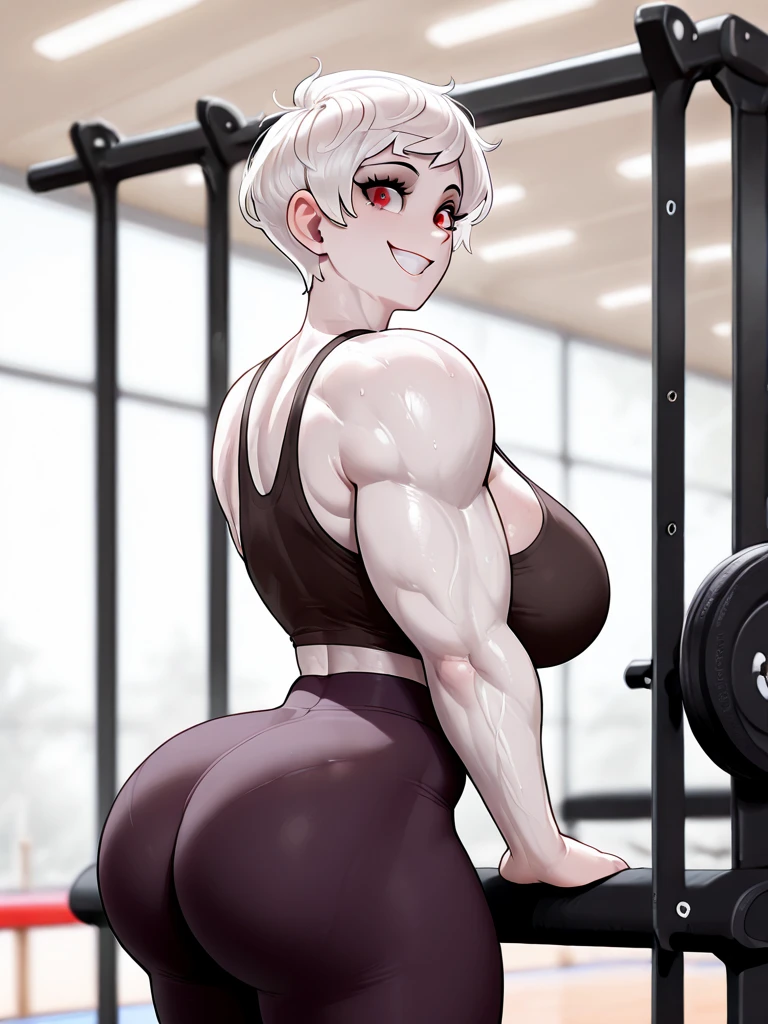 (1 girl muscular) yellow eyes large breasts pale skin tight shirt