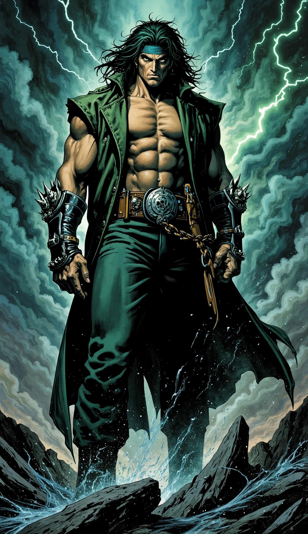 A hyper-detailed, cinematic digital painting in the dark fantasy style of Kentaro Miura, capturing a formidable middle-aged overlord. The character has wildly disheveled, long dark green hair and a stern gaze from a face with a headband and no eyebrows. He possesses a tall, muscular physique with perfect anatomy, including well-defined abdominal muscles and normal five-fingered hands. He is dressed in a sleeveless, half-length windbreaker coat and matching trousers, with sharp teeth-adorned wrist guards. The figure stands in a god-like, powerful pose against a tumultuous sky filled with dark, gathering storm clouds, lightning flashes, and swirling winds. The artwork features a dynamic composition, sharp focus, and a dramatic, epic atmosphere.