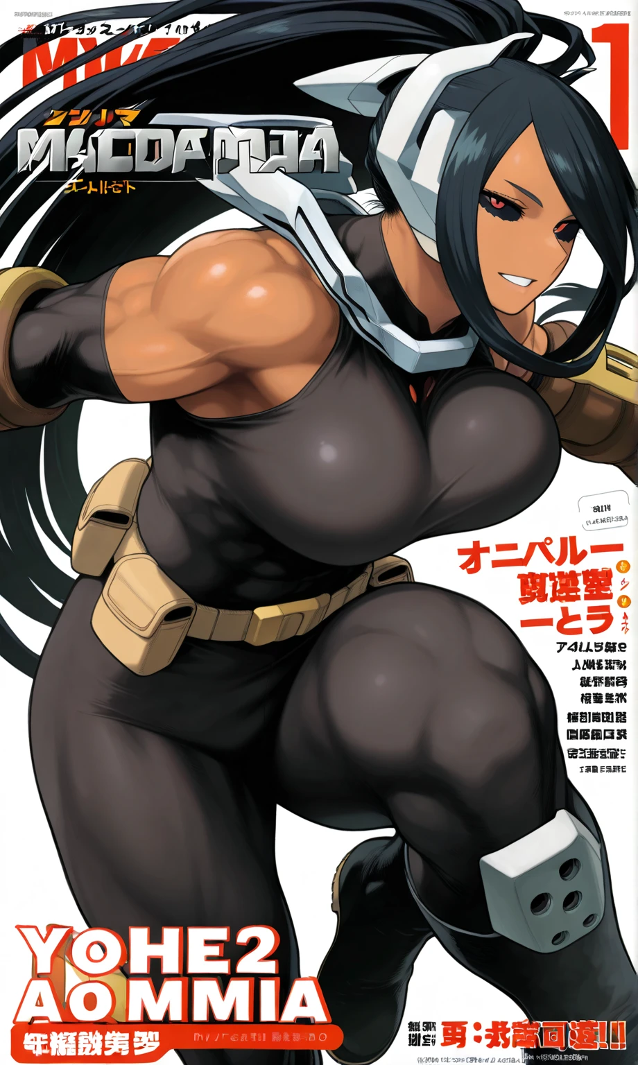 Cleopatra with extreme muscular body, gigantic muscular arms, gigantic muscular tights, samurai outfit, ninja mask, dragon tail, dragon horns, fair skin, black hair with ponytail and gigantic breasts.