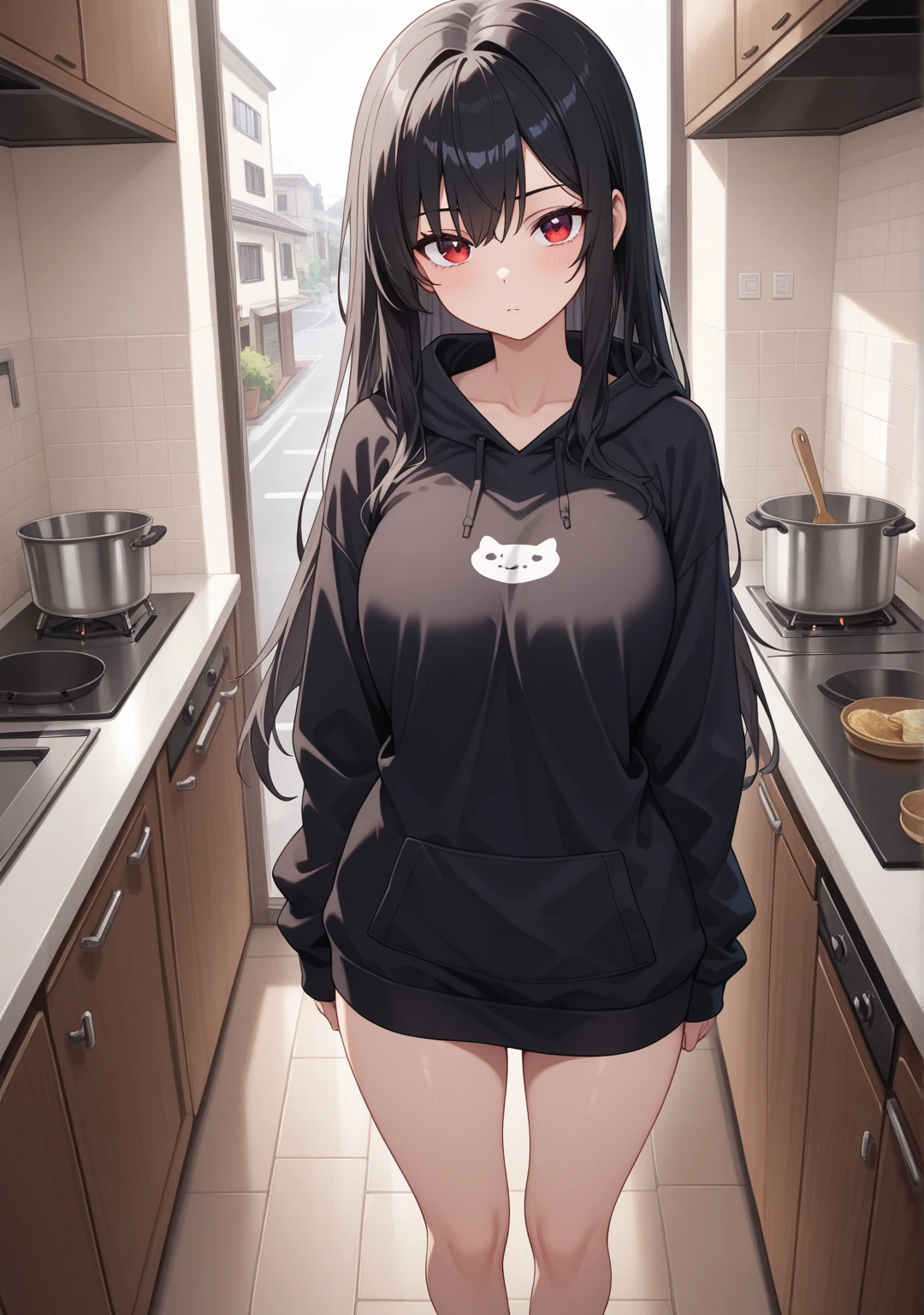 1 girl, wearing hoodie, beautiful & pale skin, perfect body figure & normal breast 1:3, smiling, long black hair, cat ears, Neko style, cooking in the kitchen