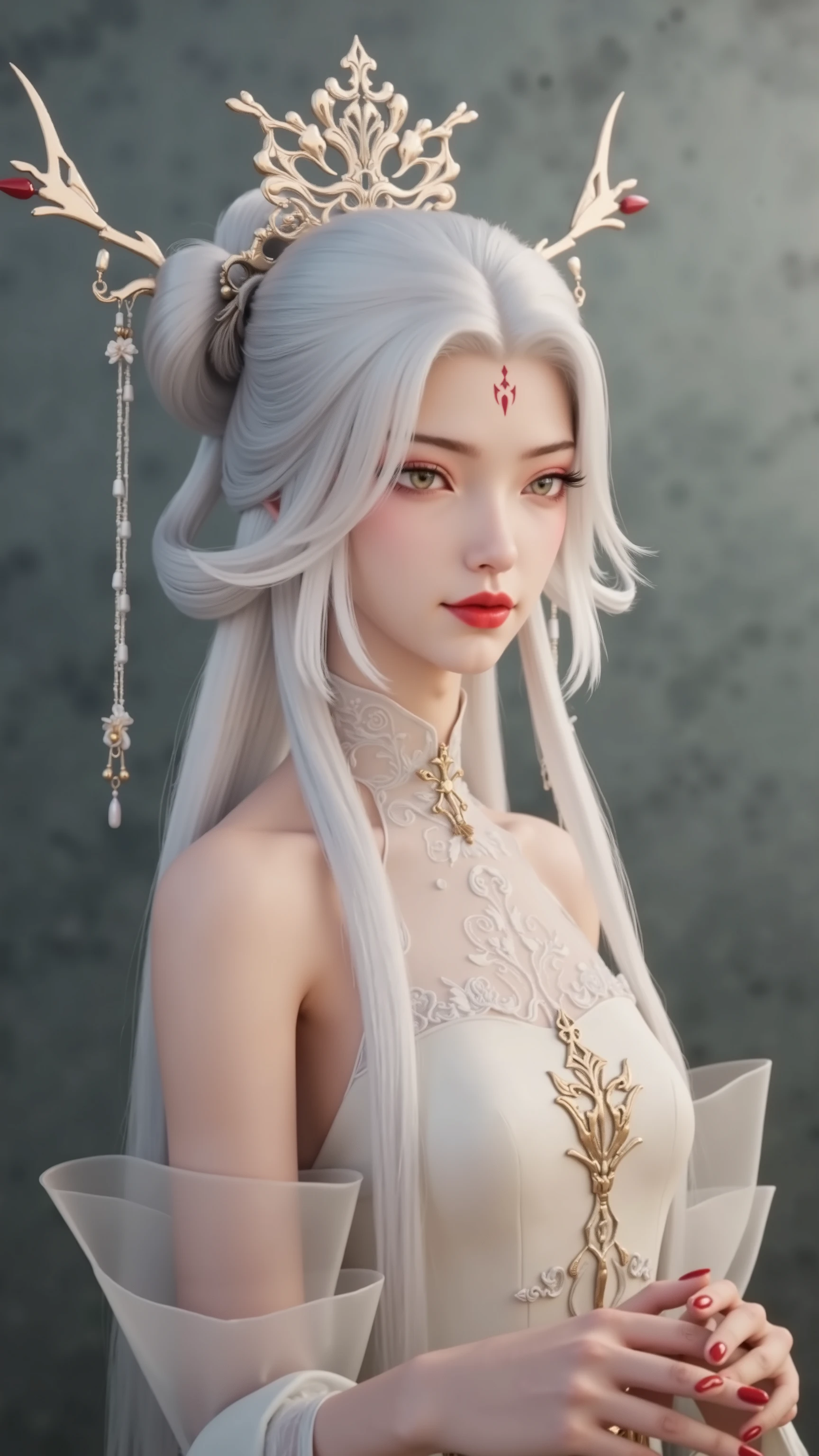 (masterpiece, best quality:1.2), intricate details, mythmaker irelia, 1girl, hair ornament, hair rings, bare shoulders, dress, detached sleeves, forehead mark, multicolored hair, white hair, earrings, green eyes, textured skin, looking at viewer, solo, light smile, (mature female:1.2),sexy pose