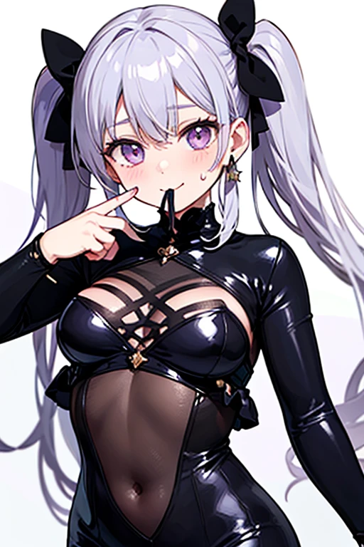(illustration:1.2), (extremely detailed:1.2), (highly detailed:1.2), (best quality:1.2), (masterpiece:1.2), (highres:1.3), nsfw, (volumetric lighting:1.2), (cinematic lighting:1.2), (upper body:1.4), (from side:1.2), , (1 gril:1.4), (solo:1.4), (huge breasts:1.1), Jennie, kpop Idol, (no pupils:1.2), (empty eyes:1.2), (half-closed eyes:1.3), wide hips, thick thighs, (thigh gap:1.2), big butt , (navel:1.1), (bare shoulders:1.1), (evil smile:1.3), (hair flower:1.2), (standing:1.3), (corruption:1.2), detached sleeves, collar, leotard, black latex suit, (bodystocking:1.4), white hair, ponytail, red eyes, side cutout, waist cutout, navel cutout, stomach cutout, (street:1.3), detailed background, lookin at viewer,