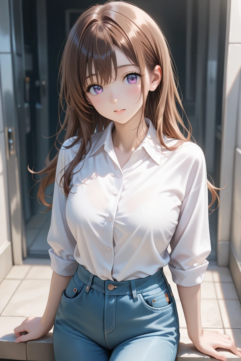 The upper body of a young woman is displayed on the screen of a smartphone。young woman with long dark hair, (Ample breasts). He is wearing a short-sleeved white T-shirt and denim shorts,See-through bra、light blue、blush