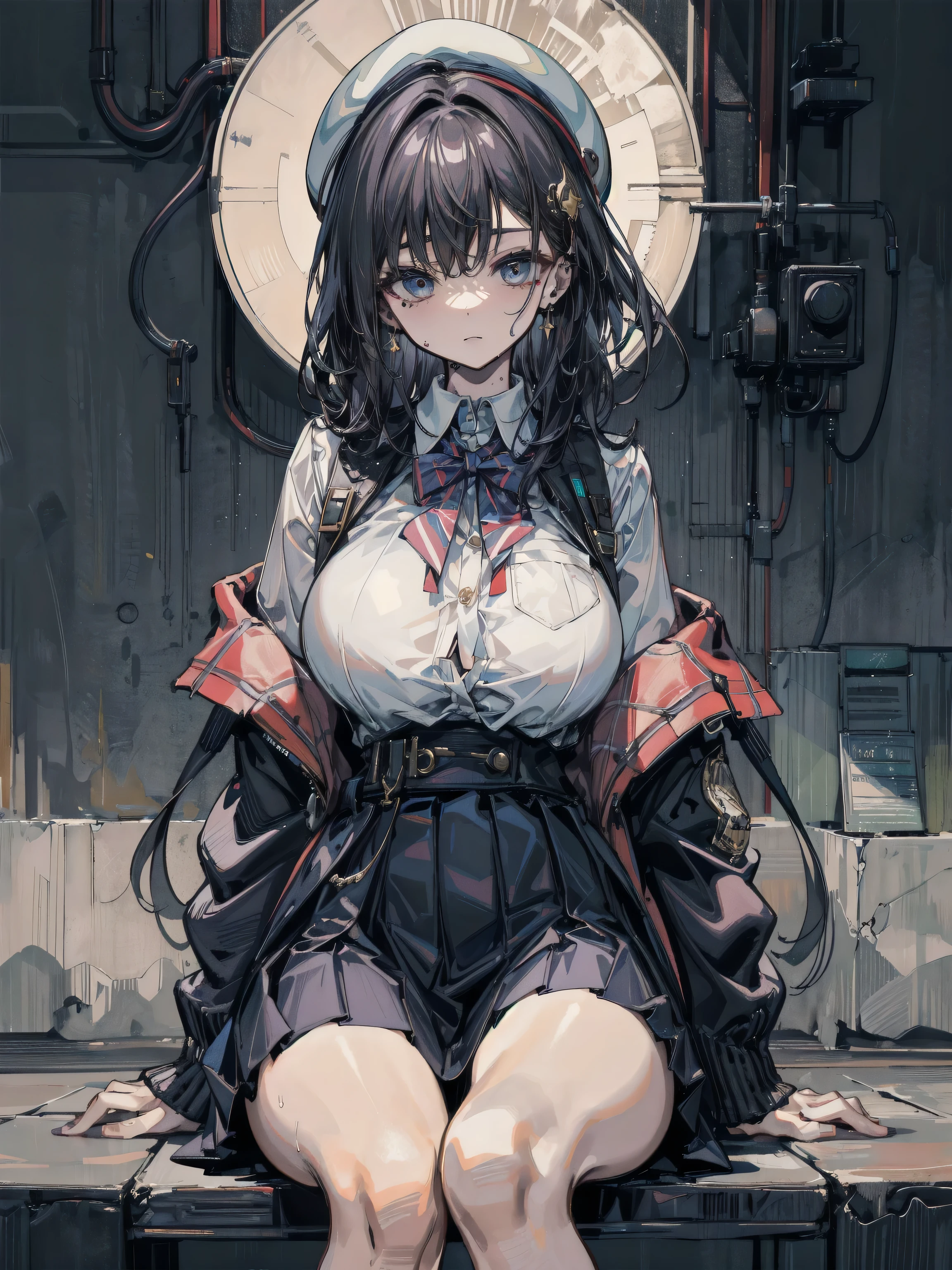 soft lighting, atmospheric, 1girl, solo,charming smile,lime green eyes,red cheeks,wide hips,thick thighs,legwear,thigh highs,puffy nipple,erect gigatic breasts:1.5), bent bunny ears,black bunny ears, (subsurface scattering)+, short hair,(((white sailor))),((very long red sailor tie)), (((pleated navy very short micro mini skirt))),(((see-through white mini panties)))low reg panties, messy hair, (white short sleeve),black high heels,under boob,squat,low reg skirt