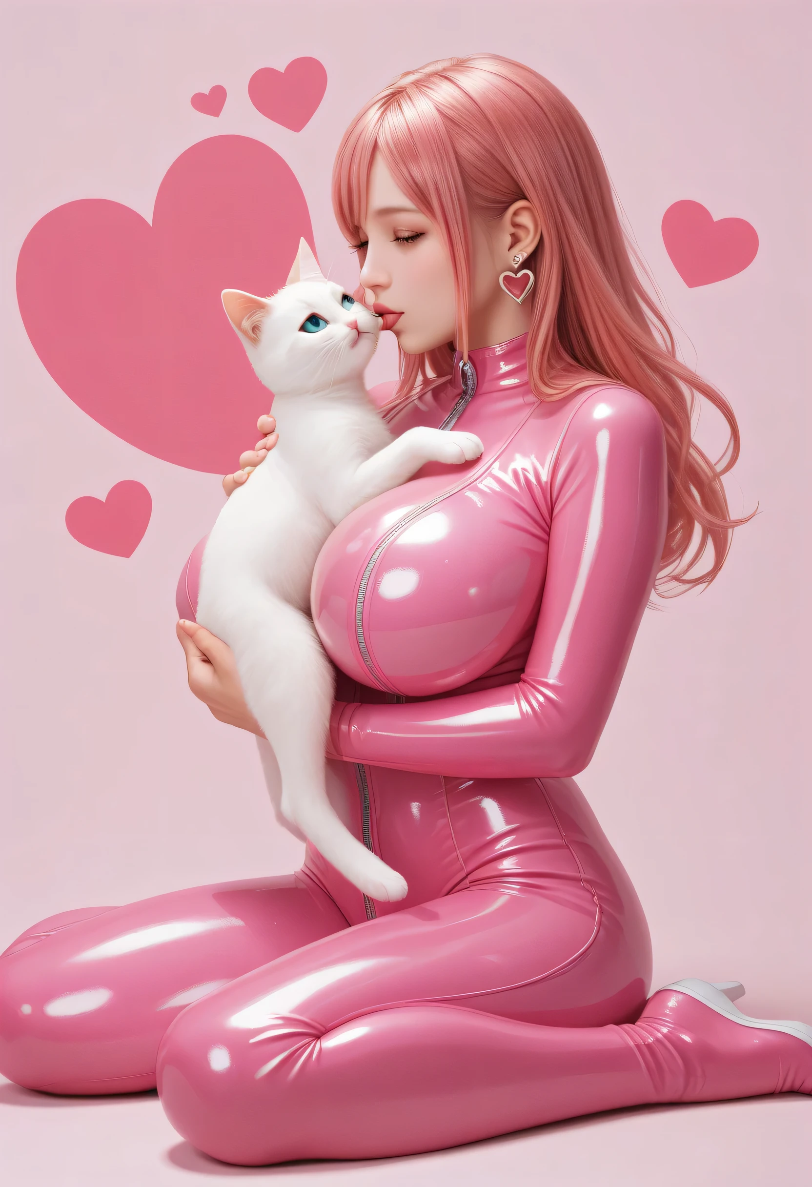 Japanese beautiful girl, huge breasts, ,乳沟,低胸, ,earrings,, abstract background, colorful background,long legs,
playfully, , many little hearts, honoka, pink hair, She winked with one eye, and made a playful expression. one eye open, one eye close, Her skin glistens with oil, her massive breasts shimmering under the light., tight body suits,
pink Leather Bodysuit, sitting, holding cat with arms, kiss the cat