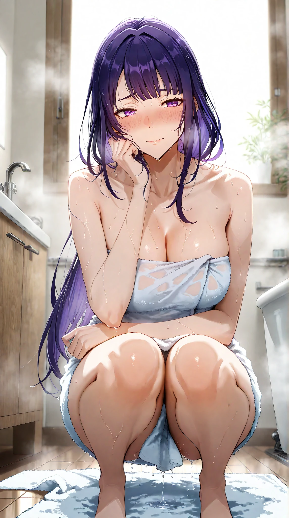 anime style, pov view, Purple Heart, heart pupil, Glazed eyes, sweet smile, Big chest, nude, shaking, Lie down, man body, very wet vagina sex, cum, indoor, Volumetric light, Volumetric particles,