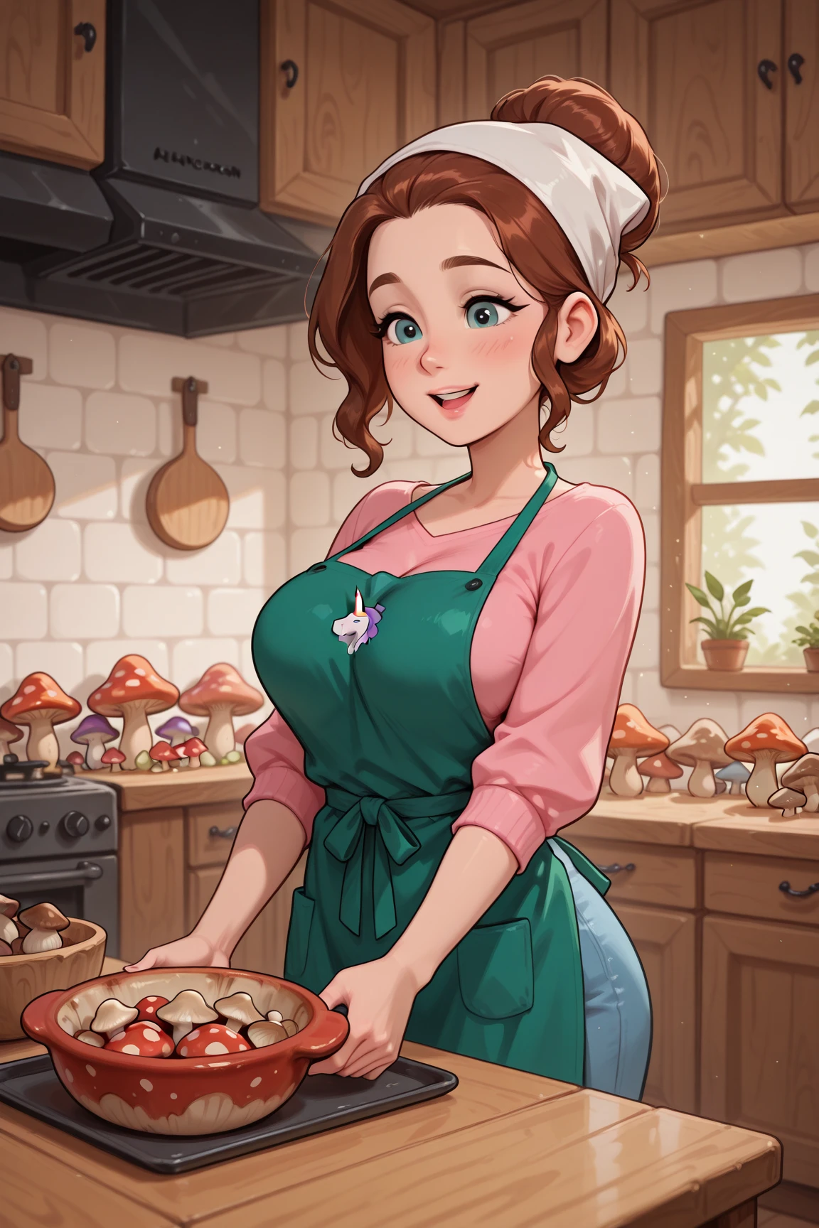 (best quality,highres,realistic:1.37),beautiful young woman,cooking veg*n chik-patties,barbecue,apron,detailed eyes,detailed lips,long eyelashes,glowing skin,lovely smile,happy expression,curly hair,green garden background,summer vibes,floral accessories,delicious aroma,smoke rising,grilled perfection,colorful vegetables,healthy lifestyle,vibrant colors,photorealistic style,warm lighting, maple syrup on woman’s breast