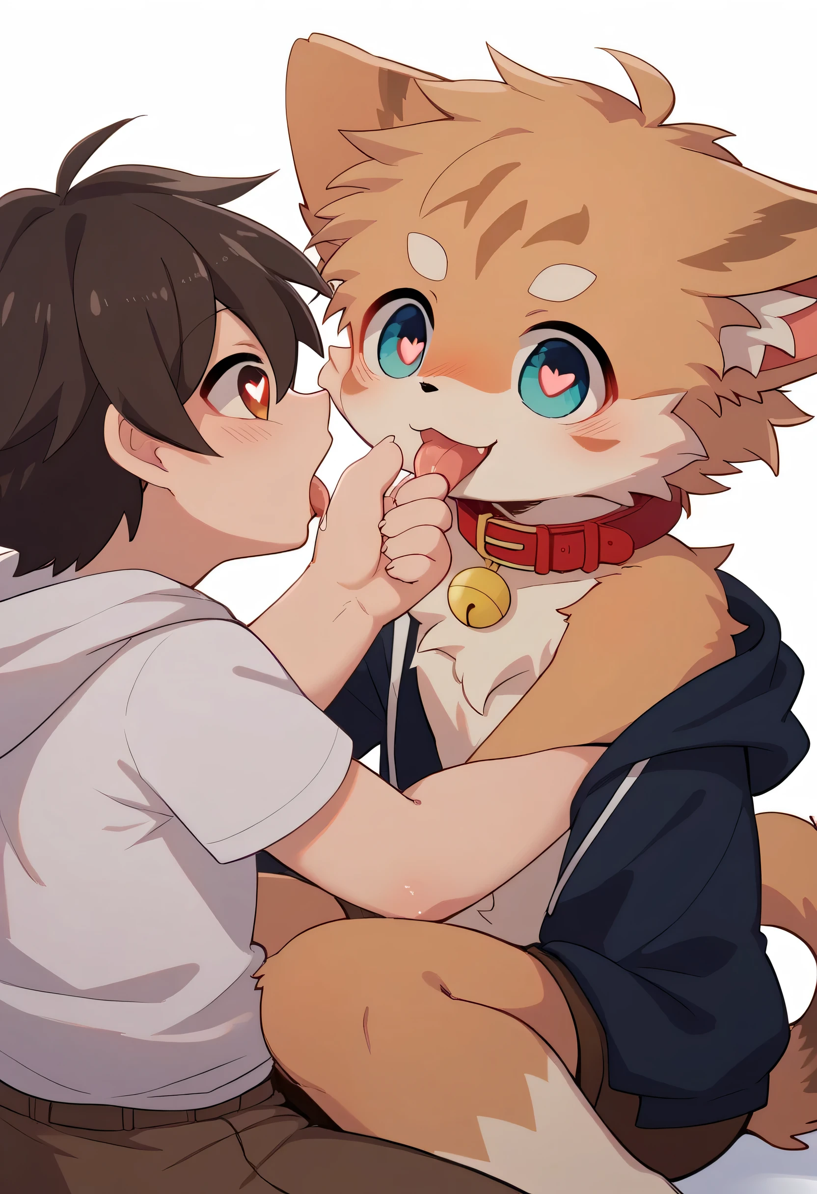 Kemoshota student(surprised, shocked, open mouth) and his teacher(tongue out, drool, tusk, heavy breath), school classroom, after school, dynamic angle, erection, penis