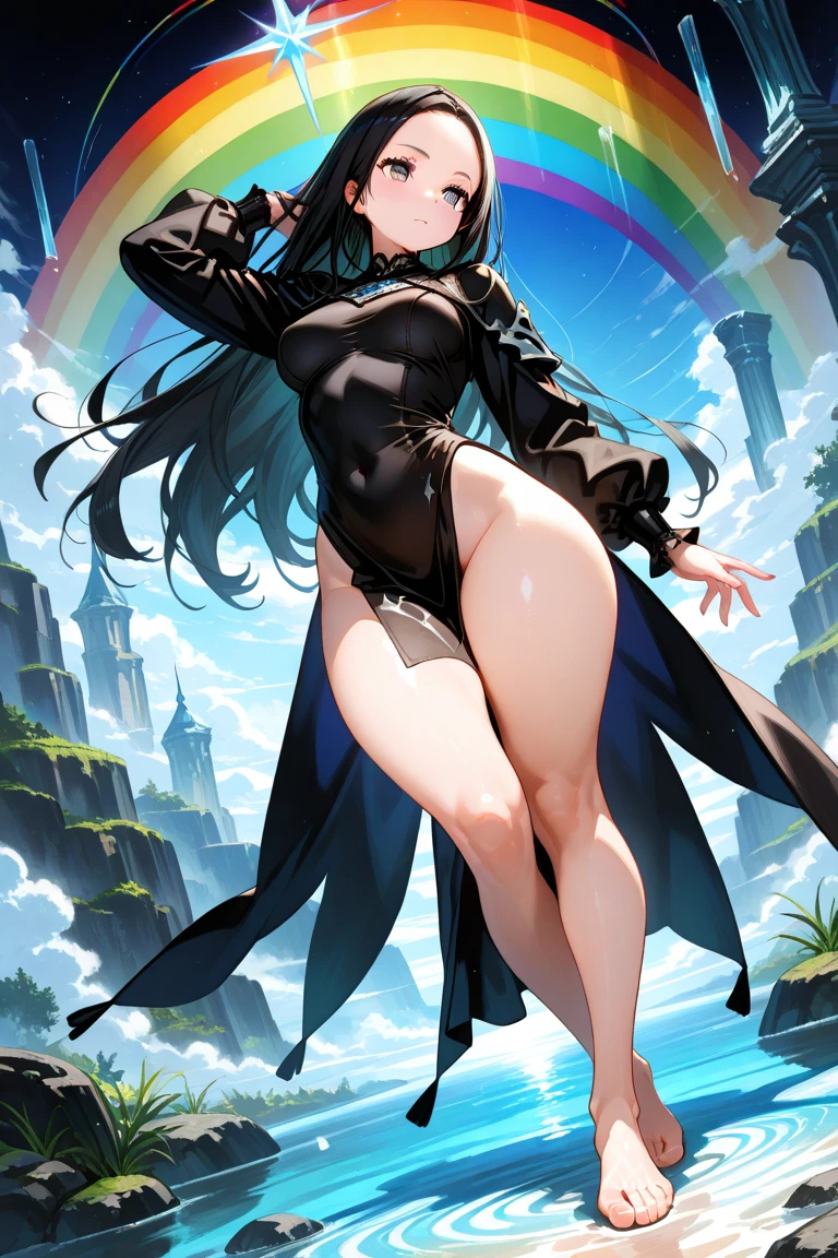 best quality, extremely detailed,anime style girl,long hair down to the waist, straight hair, ((dark black hair with bluish)),((crown braid)),beautiful detailed eyes, pinched eyes, (dark blue eyes),huge breasts,curvy,((((Mystical atmosphere transparency dressswimwear)))),clothing with complex patterns,smile,((((beach)))),Sunlight,((((Diagonal angle)))),dynamic angle,((active pose))