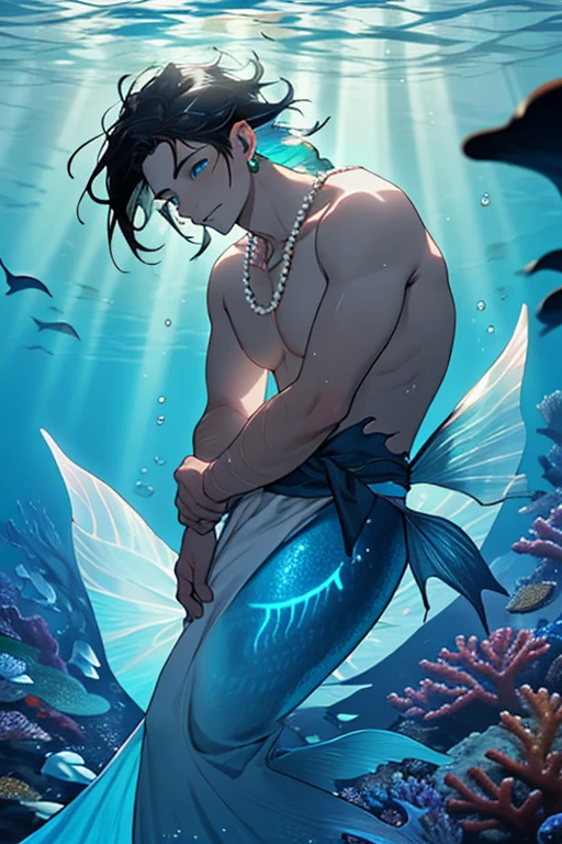 (tmasterpiece,A high resolution,ultra - detailed:1.0),(1 boy,young male:1.3),(Masculine face:1.3), Adult male,Perfect male body,a broad shouldered,strong muscle,Mermaid line,chest muscle,(Man fish:1.5), (Fishtail:1.3), (eye looking to camera), Delicate eyes and delicate face,Extremely detailed CG,Unity 8k wallpaper,Complicated details,(confident smile),Toothy smile,,Hair flying in the water,light blue colored skin,Fin ears,There are fine scales on the skin,top less,Wear a pearl shell necklace,full bodyesbian,solo person,Detailed face, ("Ocean and underwater world" Theme:1.1), (Under water,Ocean bubbles,Underwater light and shadow),portraitures,