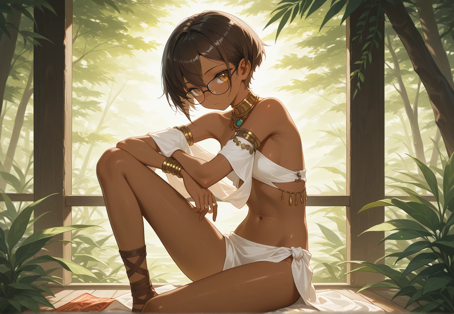 1 girl, alone, ppka, black fur, short hair, messy fur, Ahoge, parts, parts por todo el cuerpo, grey eyes, blind eyes, kind eyes, very nervous, looking at the viewer,
hippie clothes, hippie, forest,
Swimsuit, long sleeve swimsuit, black thong,  black bikini, 
position in 4,
playing in the beach, arena, mar

