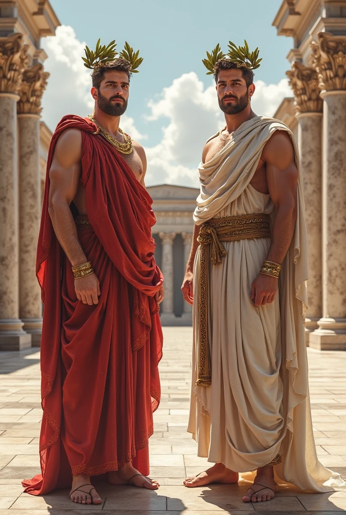 2 men, photorealistic, full body view. A young, handsome, sexy, muscular Caucasian gladiator with shaved brown hair, stubble, and blue eyes, shirtless, with one steel shoulder guard, and loincloth. A young, muscular, handsome Greek man with short dark hair, and green eyes, and stubble, wearing a white toga skirt. They are standing in an ancient temple at night, lit by torchlight.