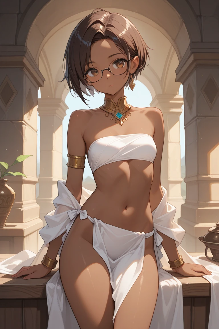 (1 feminine boy  20 years old solo:1.4),(flat chest),(dark skin:1.5), (masterpiece:1.2), highest quality, High resolution, unity 8k wallpaper, (fine and beautiful eyes:1.6), highly detailed face, perfect lighting, Detailed CG, (perfect hands, perfect anatomy),  20 years old, (black hair:1.3), detailed eyes, best quality, extremely detailed, very precise detailed, (glasses:1.6), (blunt bangs:1.3), (open mouth:1.4), (very short pixie cut:1.2), (Sandals:1.2), (evil smile:1.4), , (half closed eyes:1.3) ,long sidelocks, (blush),(kneeling:1.3),(Put left knee in front:1.5),(arabian clothes:1.5),,(harem pants:1.4),(arms behind head:1.2),spread legs,(white veil:1.3),(pelvis cloth:1.5),