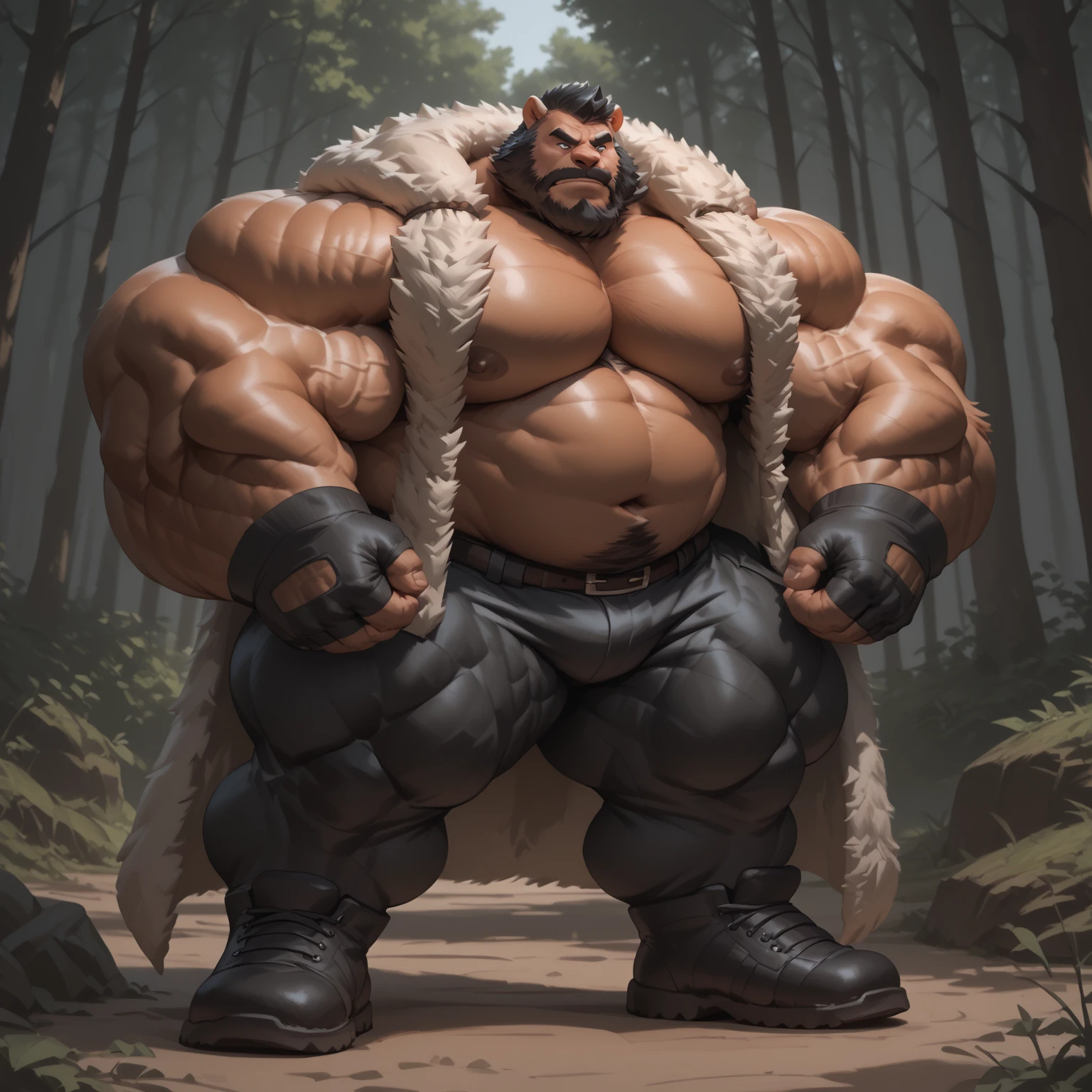 lucusold, lanxus, a man with a huge belly, furry lion, fat ripped , thicc, lowres, giant and fat, danbooru and artstation, heavy detailed, insanely inflated hips, topless, shorts, proportionally enormous arms, fluffy chest, commission for high res, detailed but rough, semirealistoc:1.3