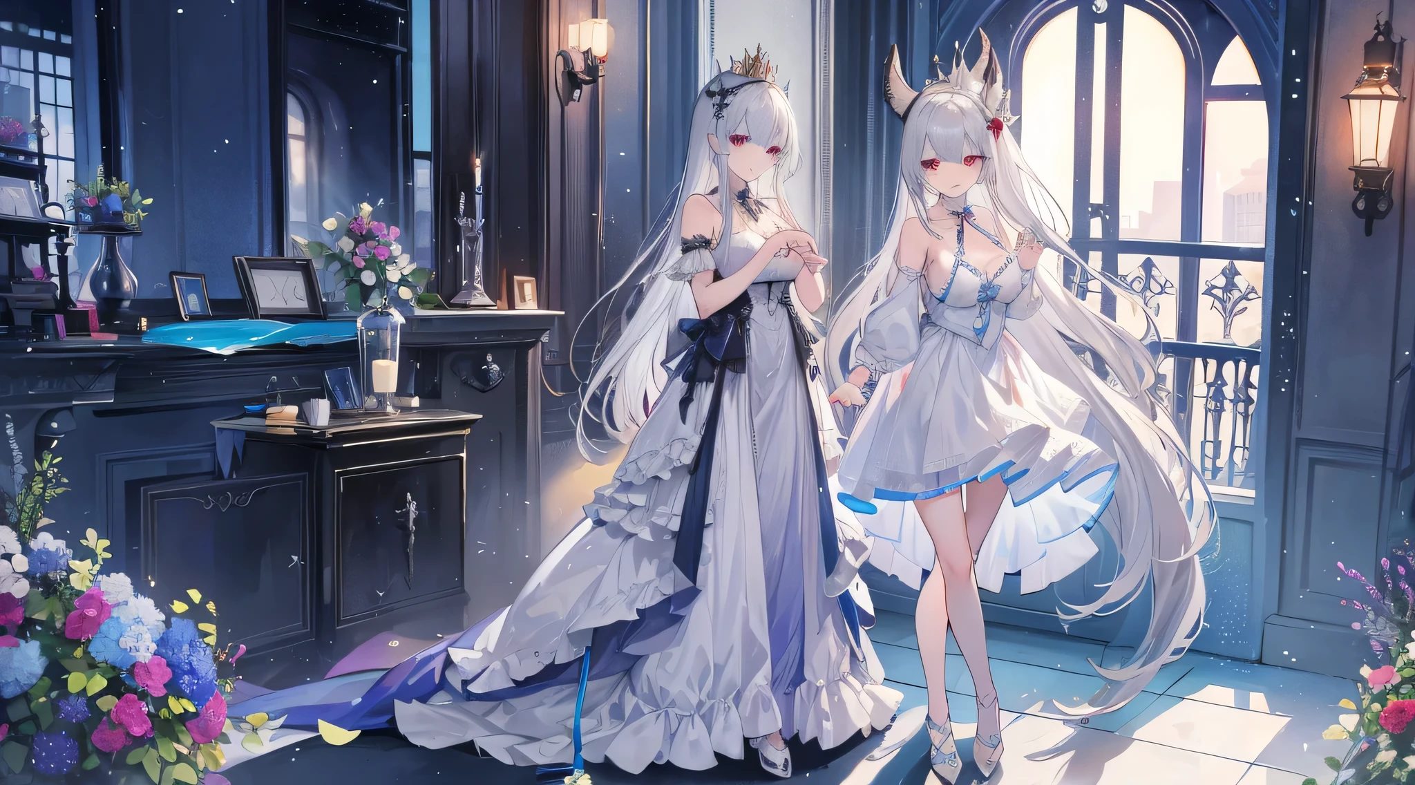Inside a magnificent castle，Two beautiful women with white skin and long legs，Bandeau dress，Wear a long, gorgeous diamond-encrusted wedding dress with lace trim，Wearing white wedding dress legs with lace stockings，cute couple，At the wedding site，Anime CG