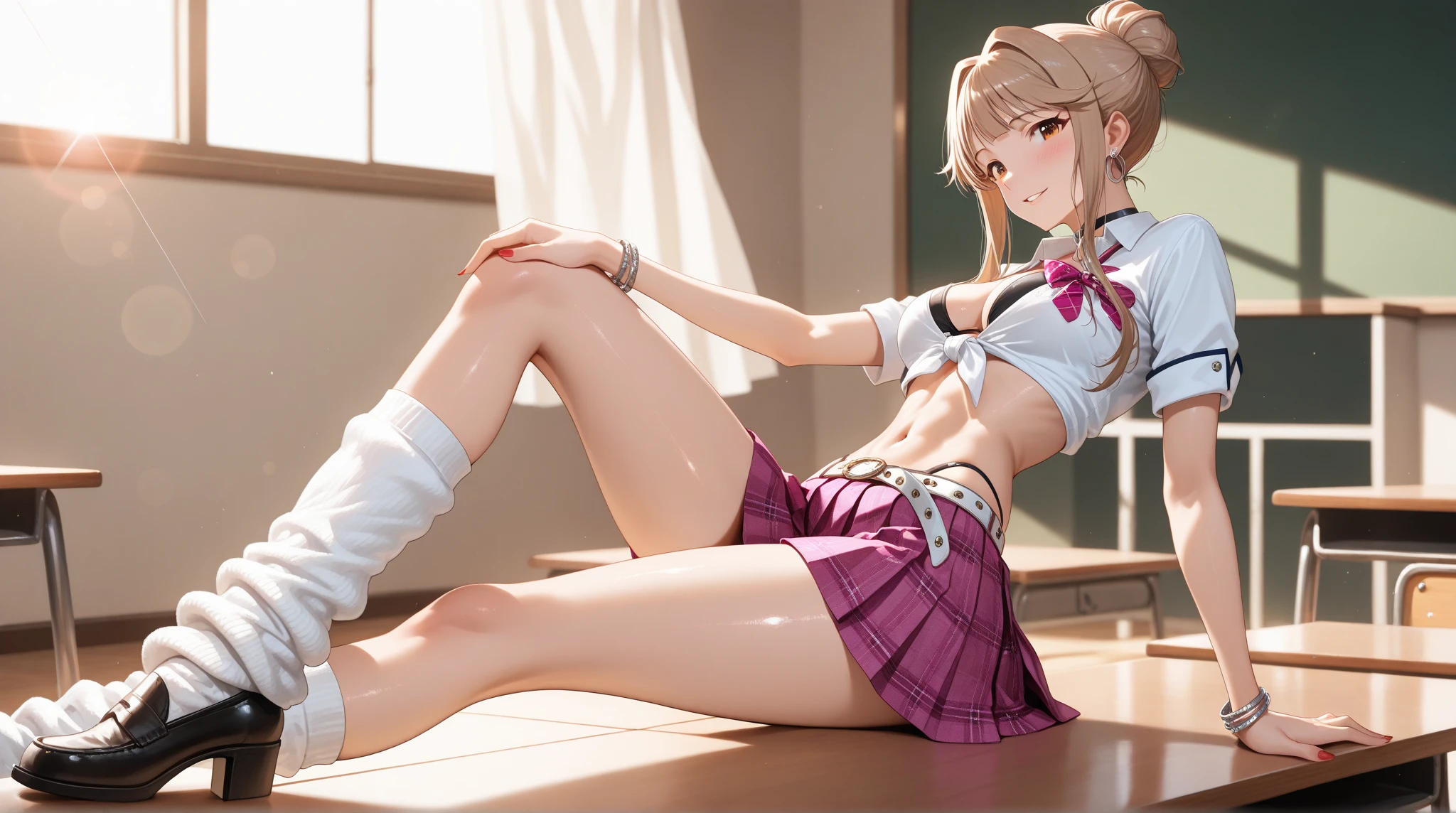open door, doorway, 1girl, solo, (marie rose), smile, blonde and pink hair, (dark skin:1.3), (highest quality), (masterpiece), (intricate high detailed body:1.2), gyaru, (oiled skin:1.1), 1girl, naughty face, (slim body:1.1), (school uniform, skirt:1.1), thong lingerie, hoop earrings, necklace, navel, purple eyes, (arms behind head, squatting, spread legs:1.1), open mouth, (tongue out:1.2), from above, classroom