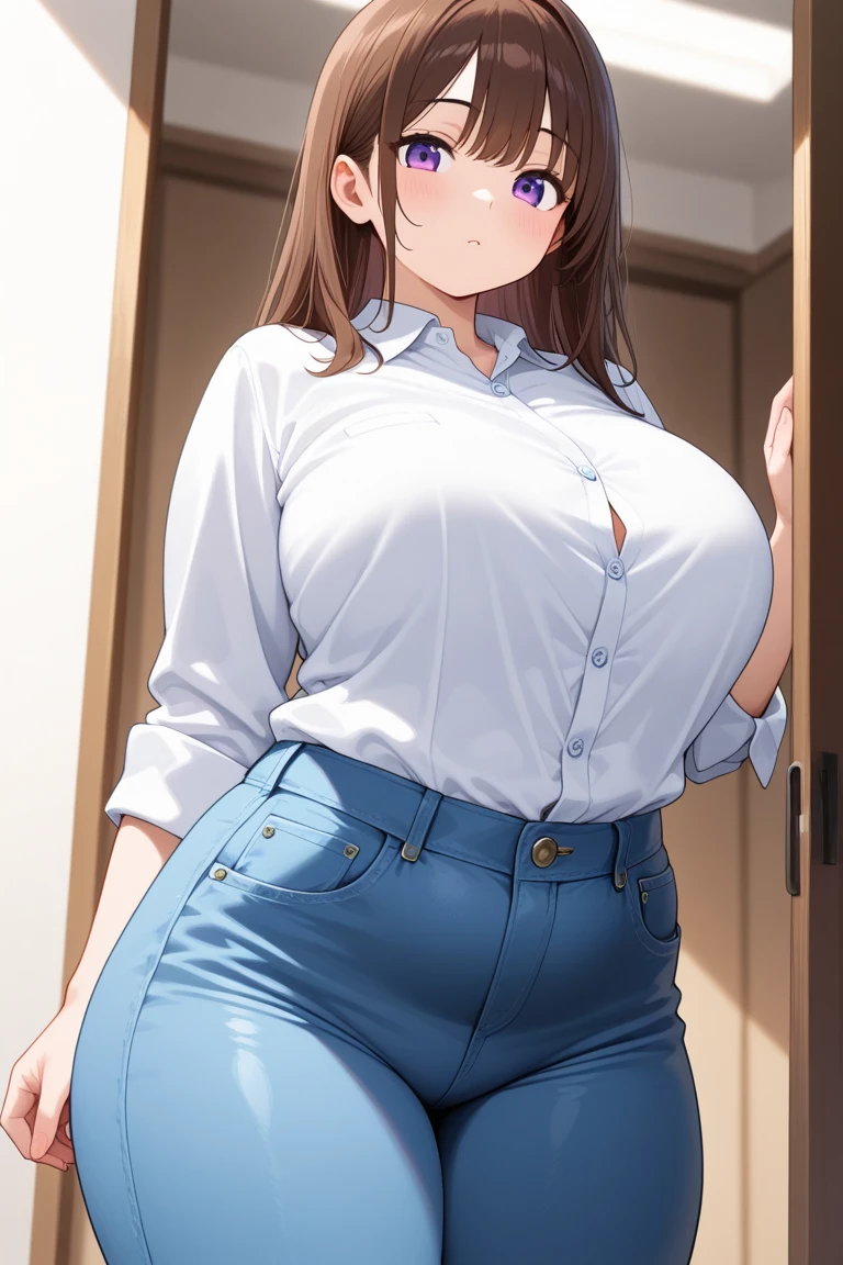 girl, with big breasts, with blue-brown clothes