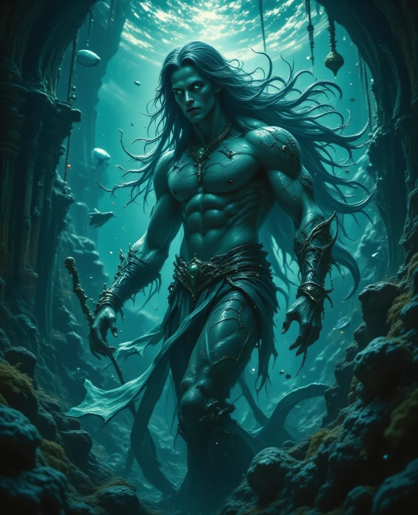 A surreal and ethereal landscape of the Greek God Hades,muscular seductive, with long black hair and serious face, strong and perfect bodyand masculine features --auto --s2