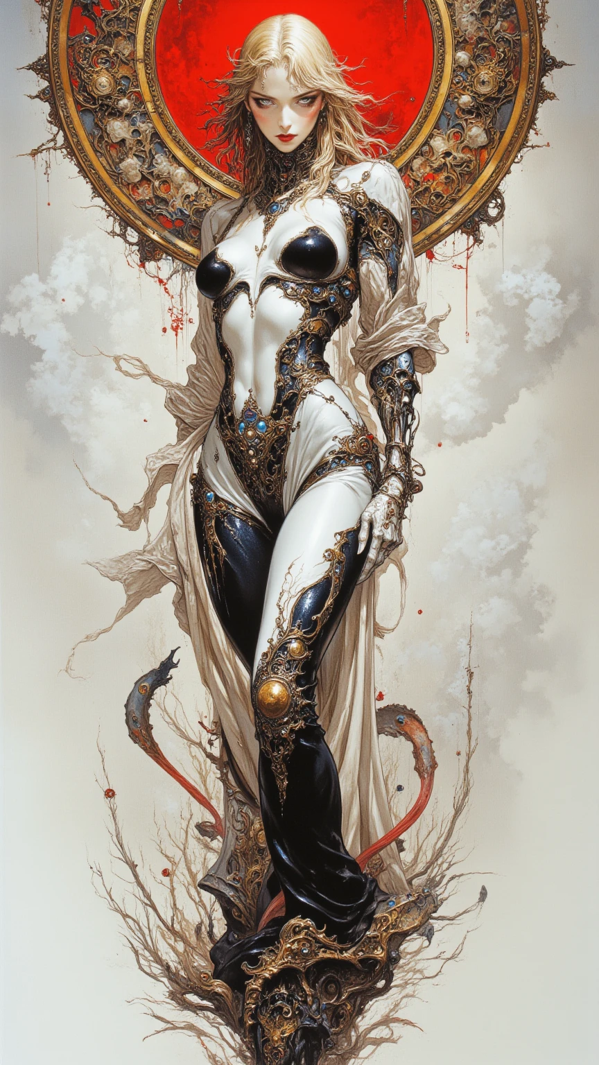 beautiful illustration of a very muscular vampire girl in an abstract marble texture with a tarot style frame, with colors of obsidian black, shiny gold, and ruby red, highly detailed, intricate design, BY Anne Bachelier,