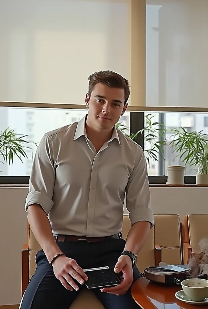 photography of a 20yo man, perfect face, masterpiece, in formals like shirt pant tie blazer sitting in office in front of camara