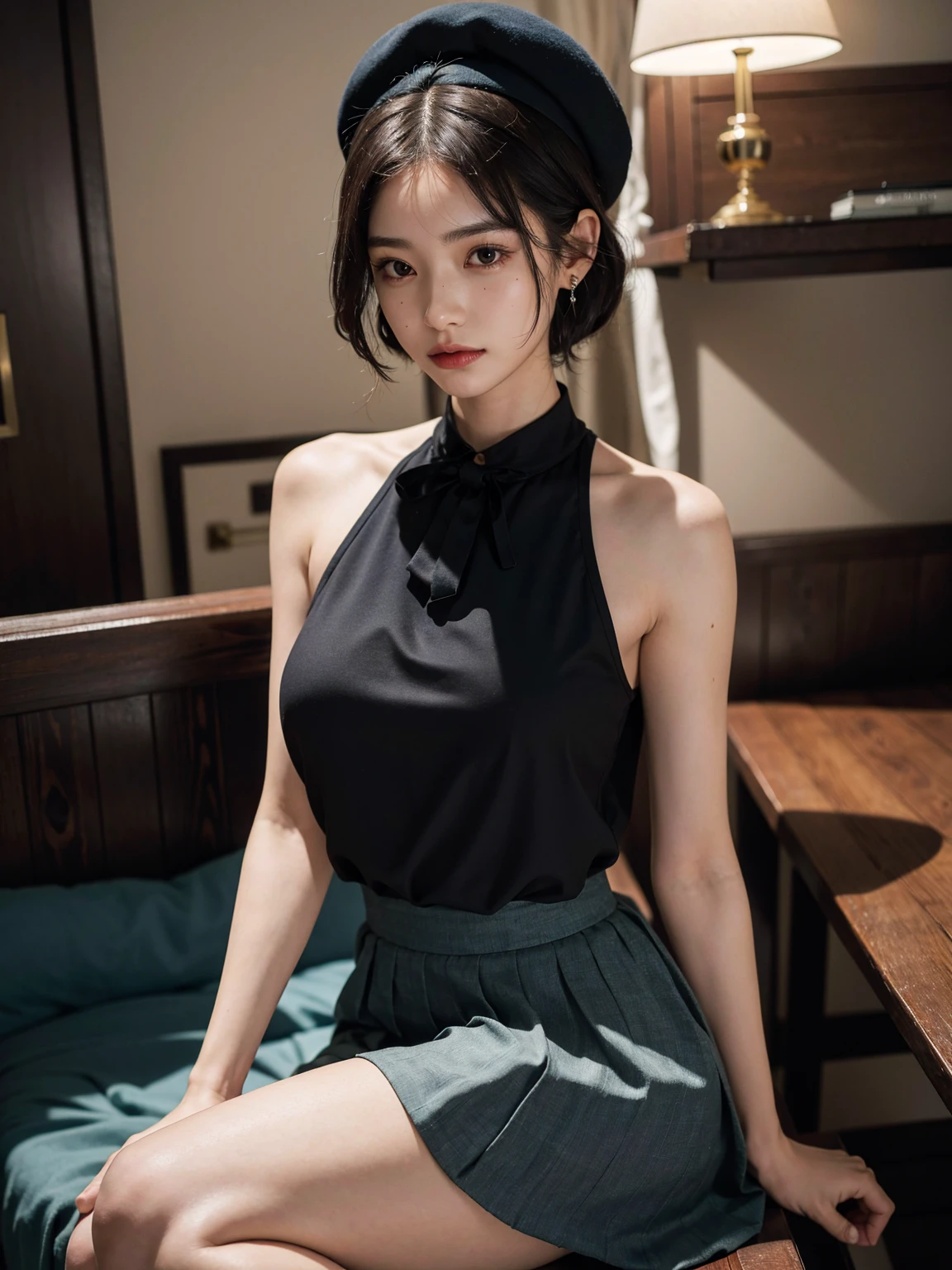 (Raw photography:1.2)、top-quality、a beautiful detailed girl、A smile、short-haired、extremely detailed eye and face、beatiful detailed eyes、huge filesize、hight resolution、8k wallpaper、finely detail、Highly detailed ticker uniform 8K wallpaper、Light on the Face、电影灯光、16-year-old girl、sexy pose、(photorealisim:1.4)、illustratio、super detailing、a miniskirt、Green underwear