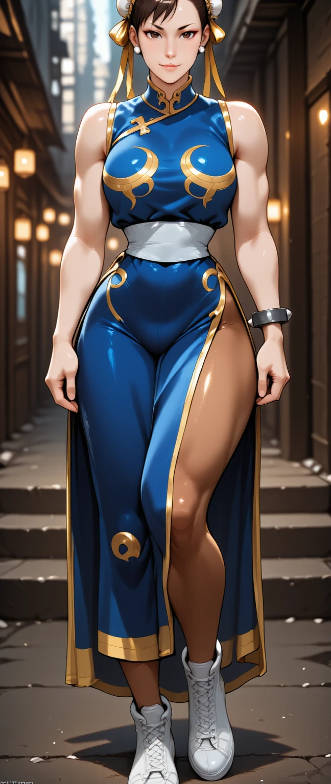 (8k, RAW photo, best quality, masterpiece:1.2), (realistic, photo-realistic:1.37), eve, 1girl, standing, looking at viewer, solo, cleavage, thighs, (white lace bra), tight shorts, (((mature female))), curvy, ((chubby belly:1.3)), , ((toned thighs)), (muscular thighs), chunli, chun li