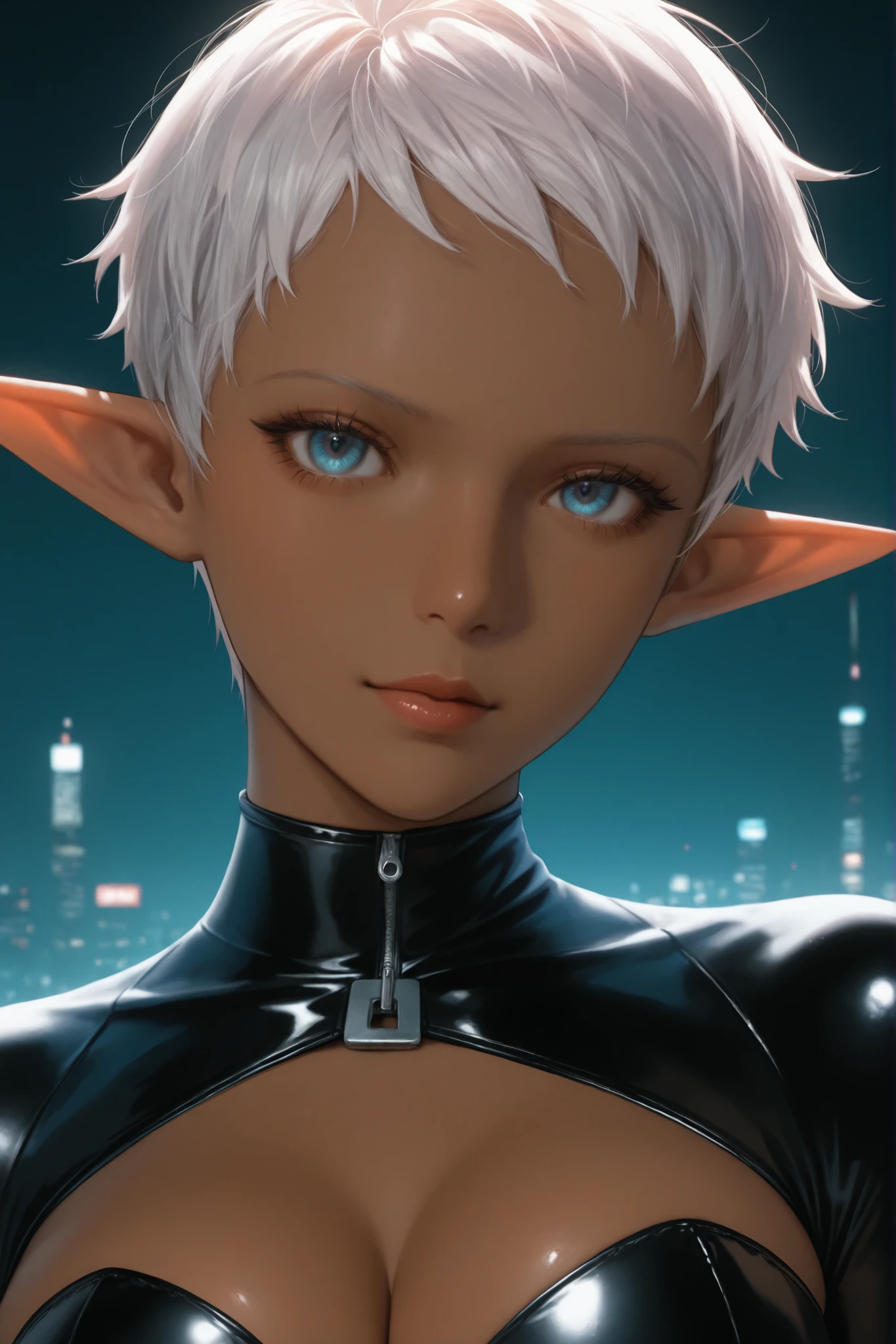 very short hair, pixie cut,,(Realistic),masterpiece,best quality,cinematic lighting,natural shadow,highest detail,professional photography,detailed background,depth of field,insane details,intricate,aesthetic,detailed face,subsurface scattering,looking at viewer, masterpiece, best quality, realistic, copyright, style, rating, masterpiece, best quality, good quality, newest, L0LSPL4SH, addmoredetails, 1female, beautiful, black latex suit, body suit, exposed cleavage, dark skin, neon background, futuristic, zip, body close up, short pixie hair, blue eyes, lipstack, long elf ears,