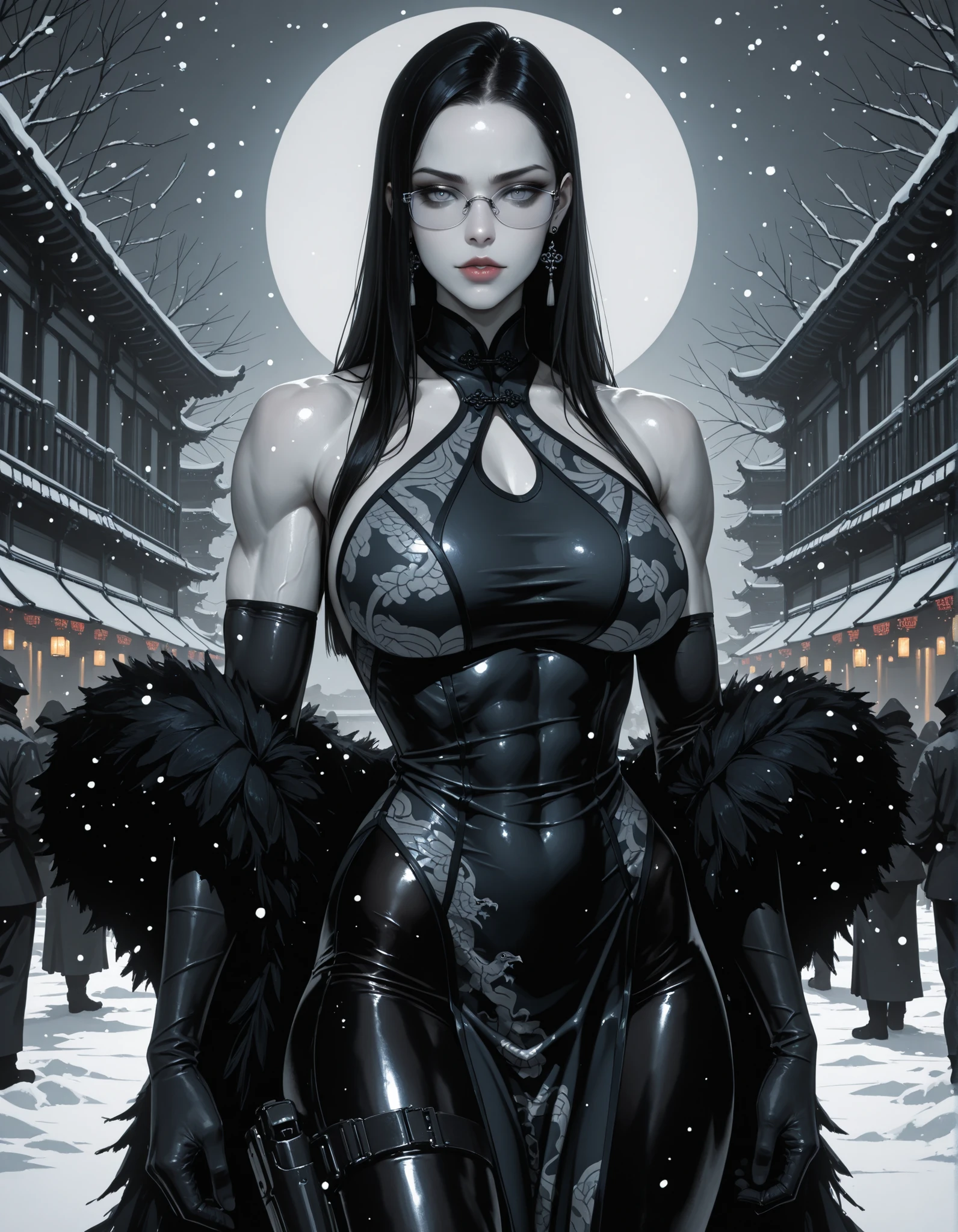 (masterpiece:2.2, best quality:4.0, beautiful, high quality, highres:4.1, aesthetic), detailed, extremely detailed, ambient soft lighting, 4K, perfect eyes, perfect face, perfect lighting, 1girl, bangs, black dress, black hair, breasts, covered navel, dress, fubuki \(one-punch man\), fur coat, green eyes, jewelry, large breasts, lips, looking at viewer, necklace, pearl necklace, short hair, background, solo, sweater, thighs, turtleneck, turtleneck dress. Fubuki One Punch Man usando um vestido preto e uma faixa em seus olhos