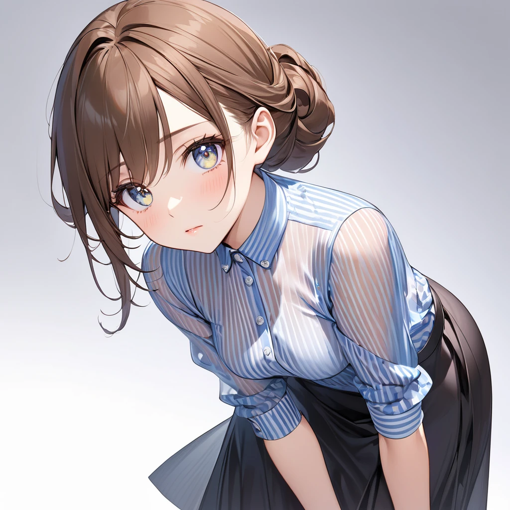 (masterpiece:1.2, best quality), (finely detailed beautiful eyes: 1.2), a girl with a brown ponytail, green eyes, big breasts, only 1 girl, age 20, skirt