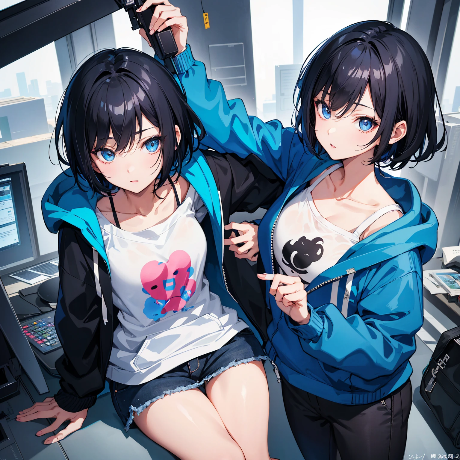Best quality: 1.0), (super high resolution: 1.0), anime girl, short black hair, blue eyes, sitting in front of computer playing games, background in esports room, --auto