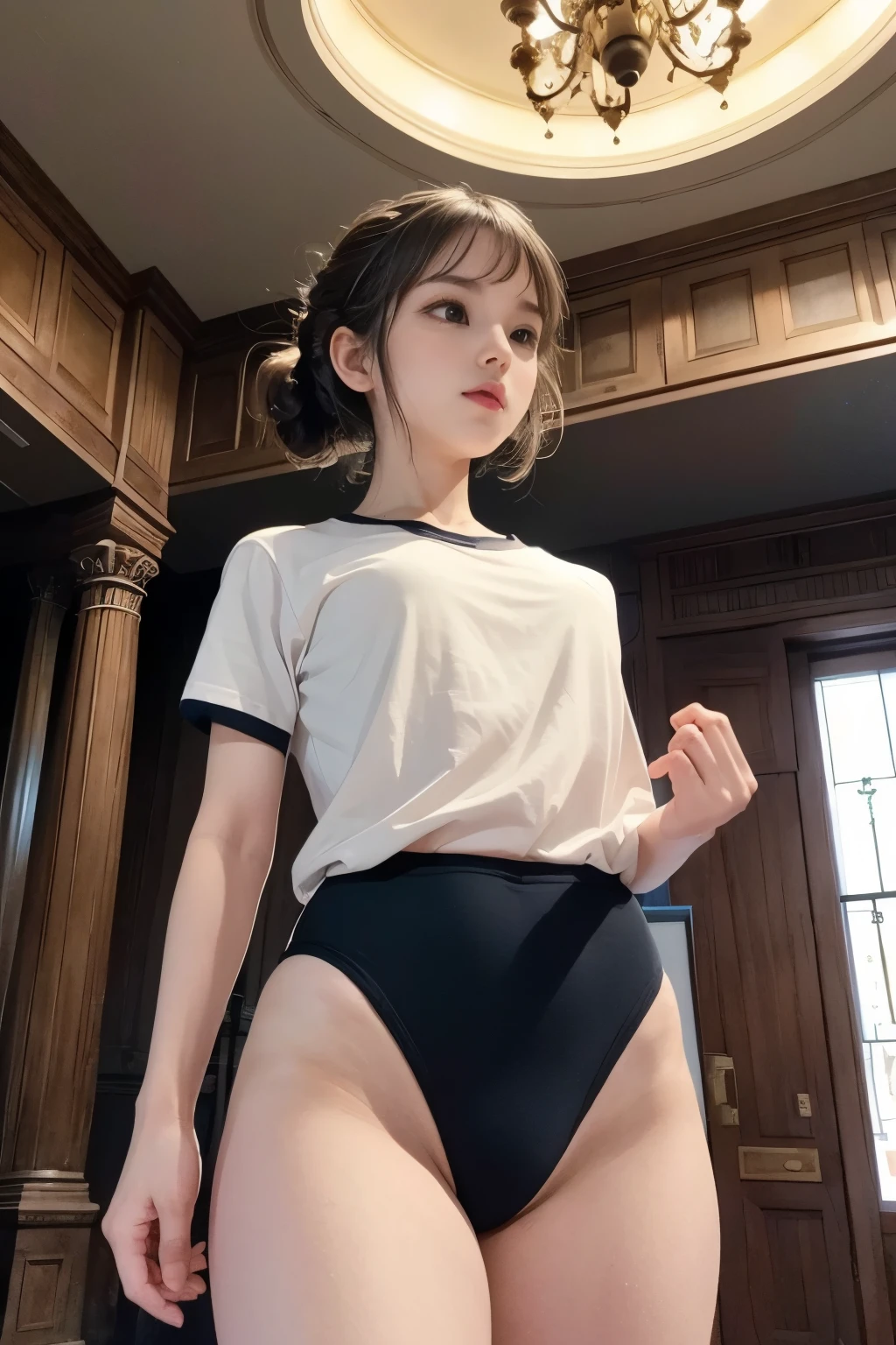(masterpiece, highest quality), (night's ghost mansion), One Girl, young teen, Black gymnastics bloomers, High leg、white blouse, walking in night ghost house、Anxious expression, Emotional, Wide-angle, dark, Best Shadow, watercolor,ghost、devil、Death Strikes、Fate of Death,Great Hall、 、 and look up from below、 View from Below 、