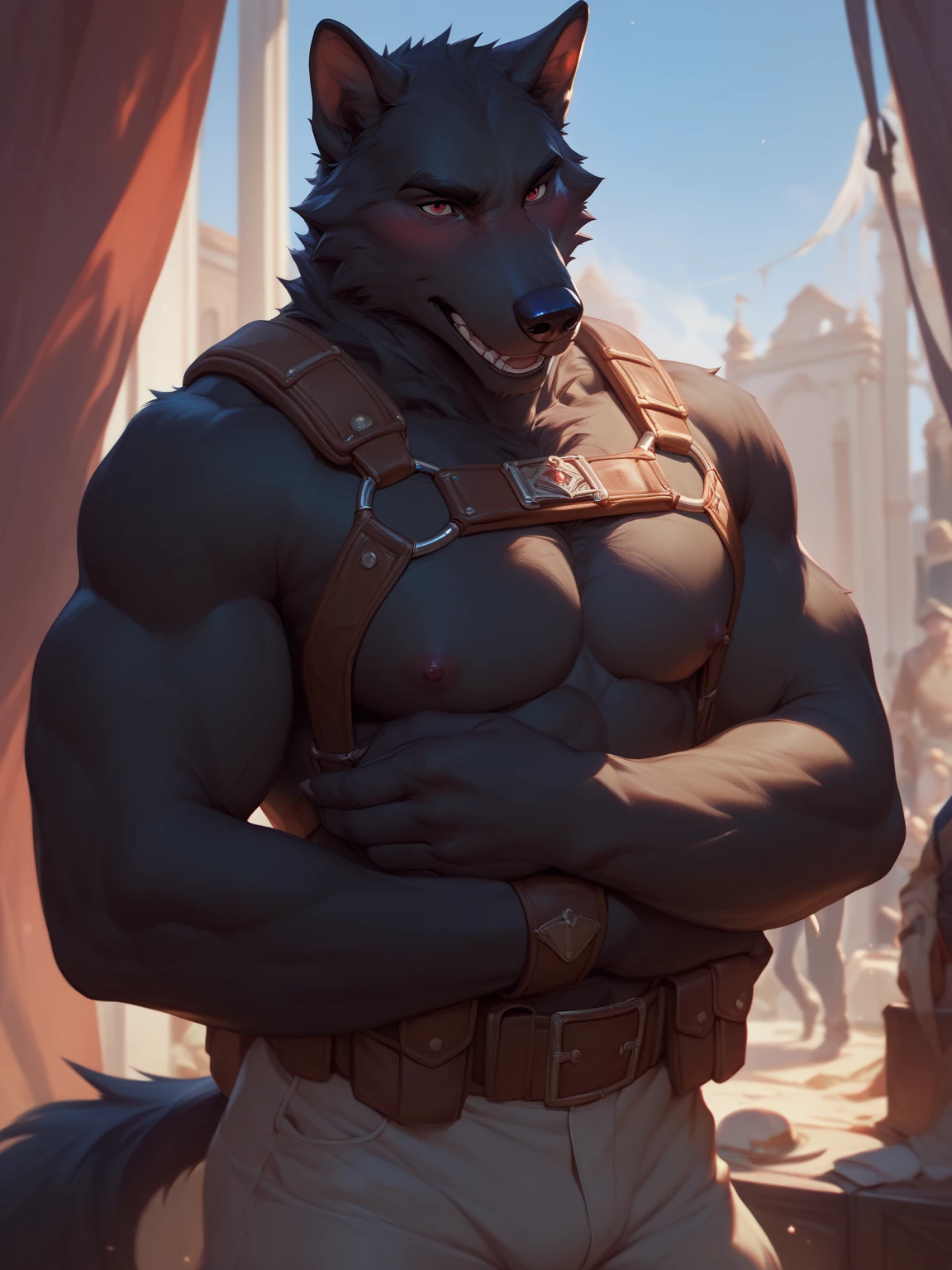 Solo, male, walking at tavern, bulge, by bigcozyorca, by goonie-san, by bebebebebe, by spikedmauler, above view, big buff , wolf tyrannosaurus hybrid, black fur, purple fur, bushy tail, buff, wearing brown fantasy leather armor, tall, masculine, bulge, sexy, playful, joyful expression