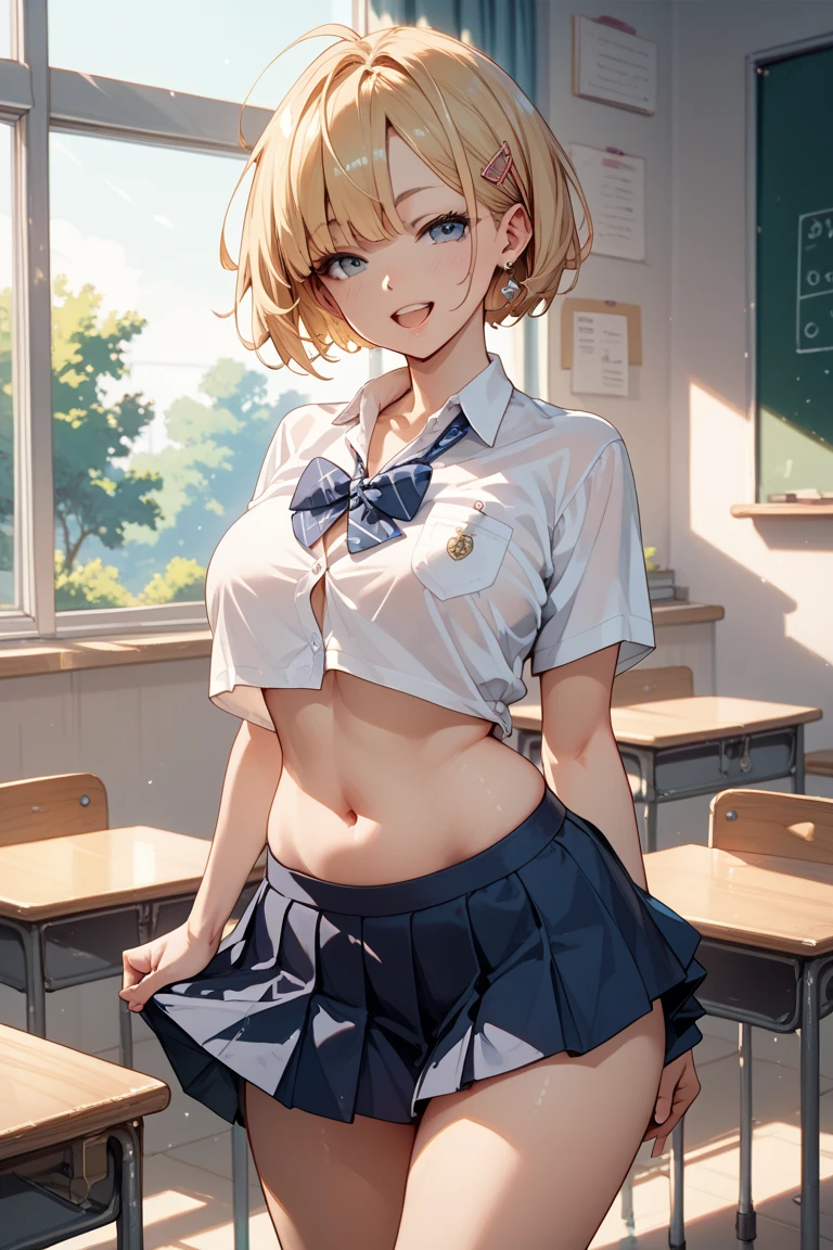 1girl, indoors, shirt, breasts, navel, tied shirt, solo, jewelry, skirt, bracelet, red eyes, blonde hair, short hair, smile, looking at viewer, red skirt, large breasts, plaid skirt, open mouth, wet, plaid, dark-skinned female, wet shirt, dark skin, necklace, wet clothes, bangs, white shirt, cleavage, collared shirt, gyaru, window, :d, blush, hair between eyes, desk, classroom, earrings, pleated skirt, hand on hip, standing, collarbone, stomach, chair, see-through, midriff, miniskirt, shiny skin, school desk, hand up, cowboy shot, , thighs, teeth, school chair, day, groin, contrapposto, shiny, ear piercing, piercing, ass visible through thighs, no bra, dress shirt, sleeves rolled up, bead bracelet, stud earrings, long sleeves, tan, front-tie top, upper teeth only, see-through shirt, crop top, bangle, nail polish, fingernails, hand in own hair, sunlight, kogal, star (symbol), covered nipples, tiles, backlighting, wing collar, pendant, sweat, medium hair, beads, short sleeves, curtains, multiple earrings, wristband, open shirt, tile floor, no panties, open clothes, hair intakes, table, long fingernails, unbuttoned, cross necklace, heart necklace, lower teeth only, partially unbuttoned, microskirt, feet out of frame, simple background, cross, crossed bangs, chalkboard, star earrings, lowleg, bob cut, eyelashes, signature, medium breasts, legs apart, sidelocks, mole, navel piercing, tree, artist name, shiny hair, unbuttoned shirt, white background, ceiling, school, wet hair, arm up, hair tucking, bare legs, pink nails, no humans, sitting, hoop earrings, heart, buttons, skindentation, round teeth, white nails, long hair, red nails, Uniform distribution, see-through silhouette, socks, evening, fang, shadow, mole on breast, water, hand to head, sleeves past elbows, tongue, holding, nipples, pearl bracelet, glint,