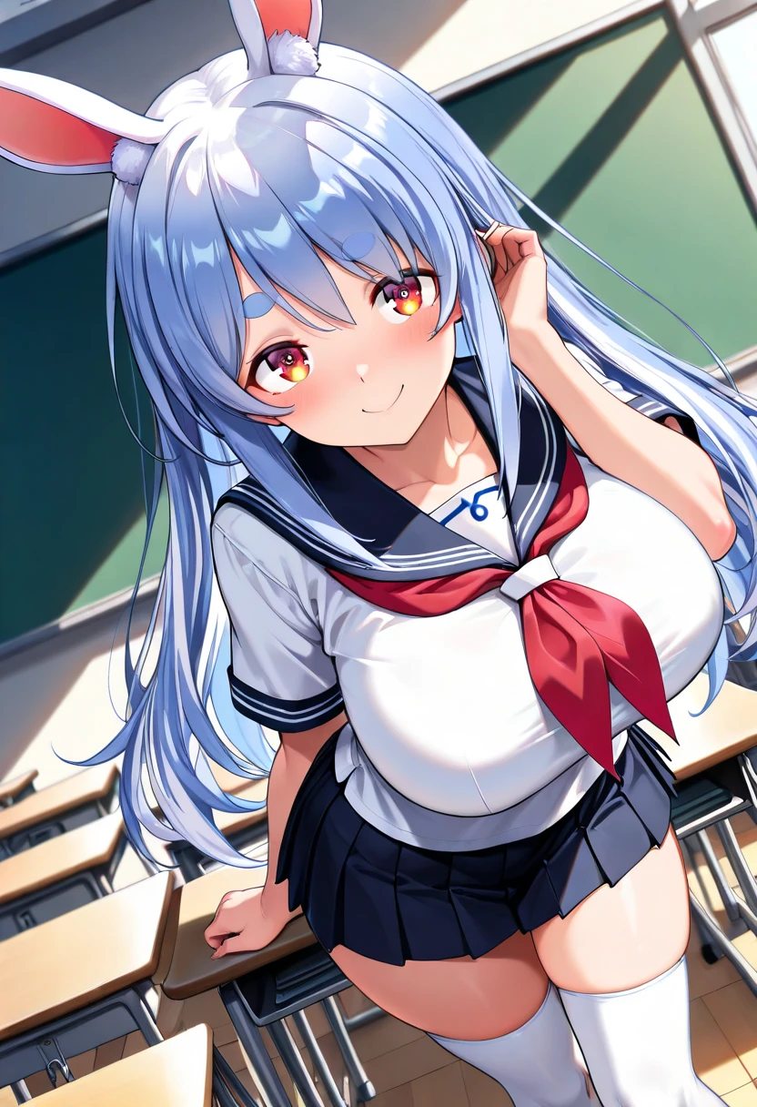 My name is Yukiko.I am a white test woman with long light blue hair,red eye color.I am 1.62 cm tall . My breasts measure 200 cm, my waist 40 cm and my hips 200 cm. Dressed in a white short-sleeved sailor uniform shirt and a navy blue miniskirt. With big breasts 200 cm