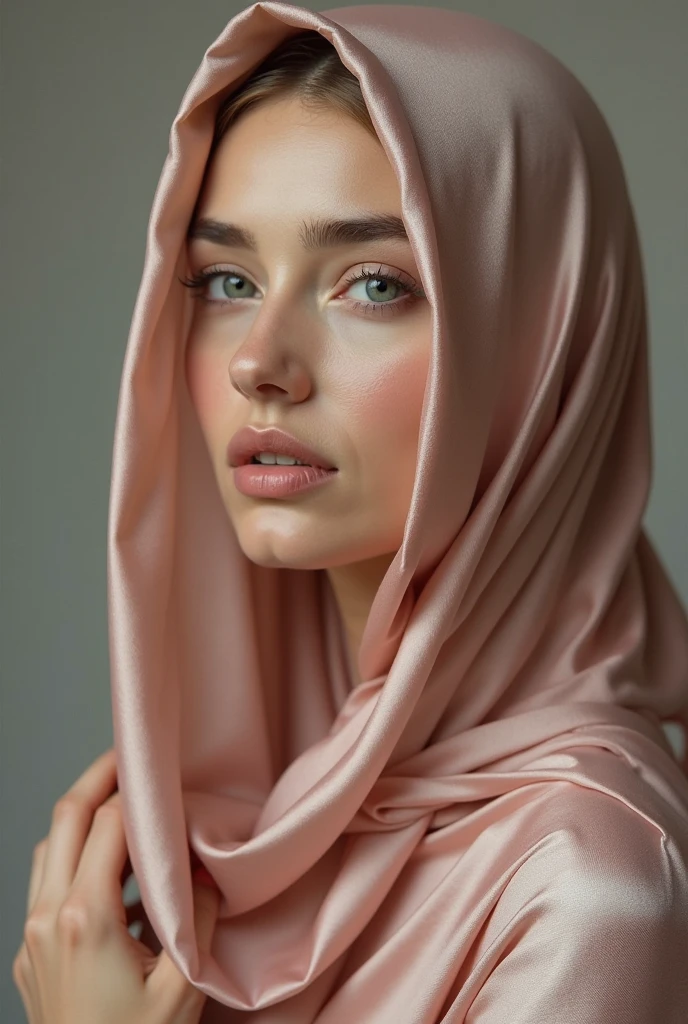 Beige abaya white eyes dark pink hair smile realistic 8k focus 
