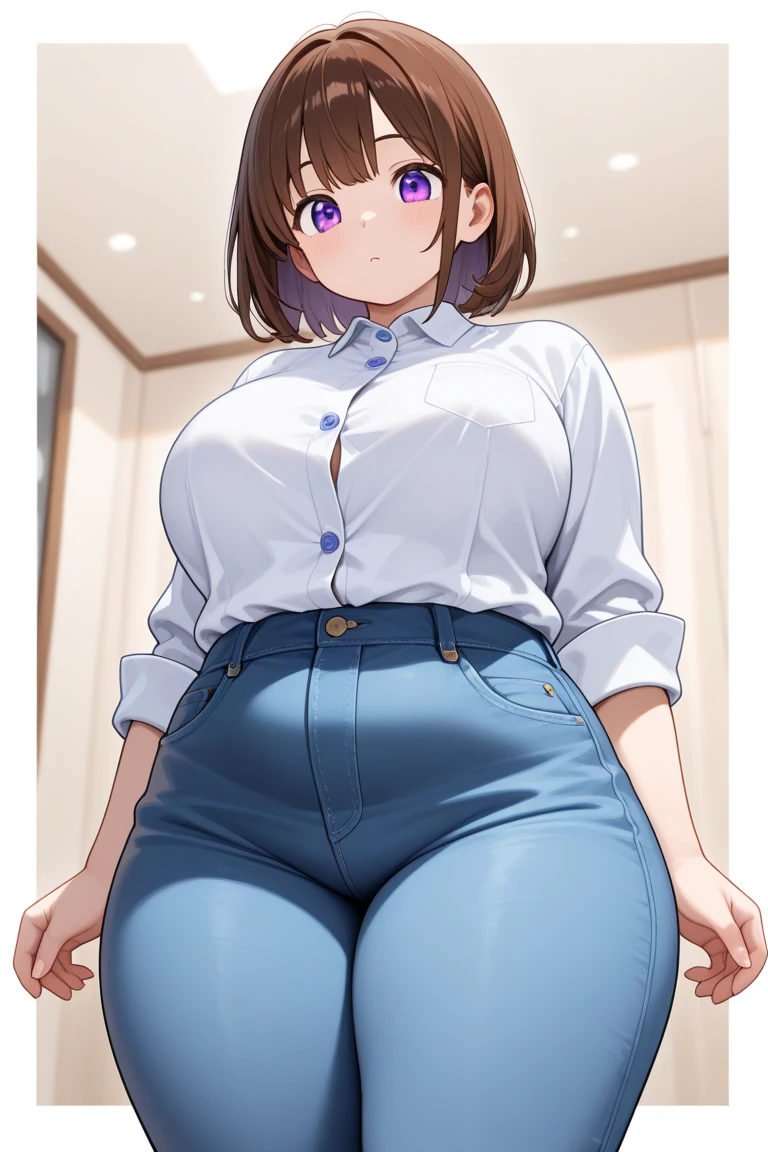 masterpiece, best quality, HDR, 1girl, solo, mature female, milf, motherly, huge breasts, narrow waist, wide hips, curvy, dark hair, very short hair, swept bangs, short bangs, dark eyes, white shirt, blue overalls, seductive smile, seductive pose, farm
