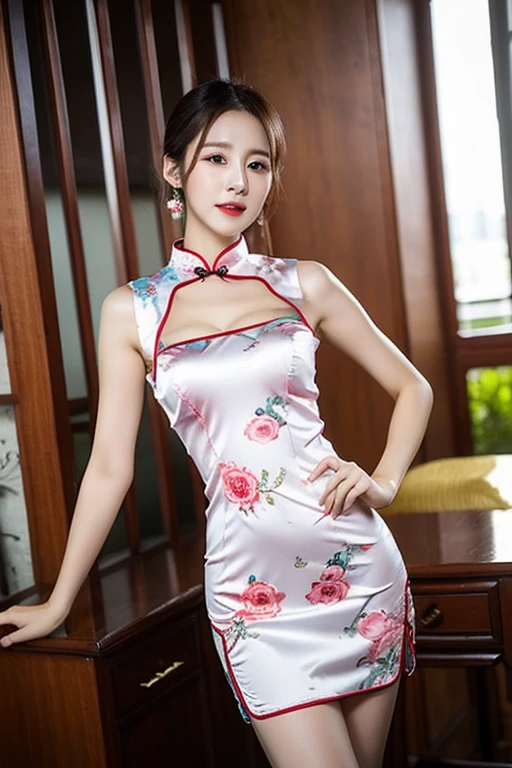 (best qualtiy,8k wallpaper,tmasterpiece:1.2),(Photoreality:1.4),Ultra-detailed details,The details are complex,1girll,ssmile,Wear sleeveless dresses and heels, high-heels,Wearing thin black stockings,Transparent stockings,Black 40D stockings, photo of slim girl model, Tight dress, Transparent pink dress, light half opened dress, korean women's fashion model, on cheongsam, gongbi, shikamimi, Gorgeous lady, dress, opened dress, woman model,