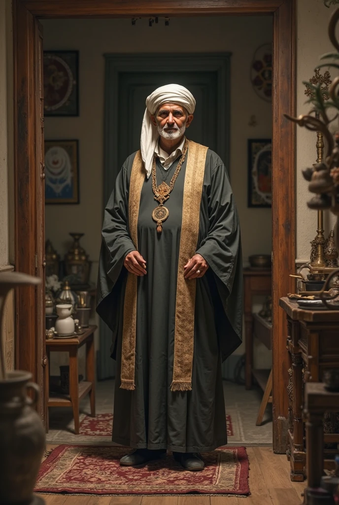 A man wearing imamah, 50 years old, high detail skin texture, moustache, brown skin, white turban, white gamis outfit, intricate details, photorealistic, award winning portrait, hyper realistic, cinematic lighting, dramatic shadows, warm color palette, rich textures, masterpiece