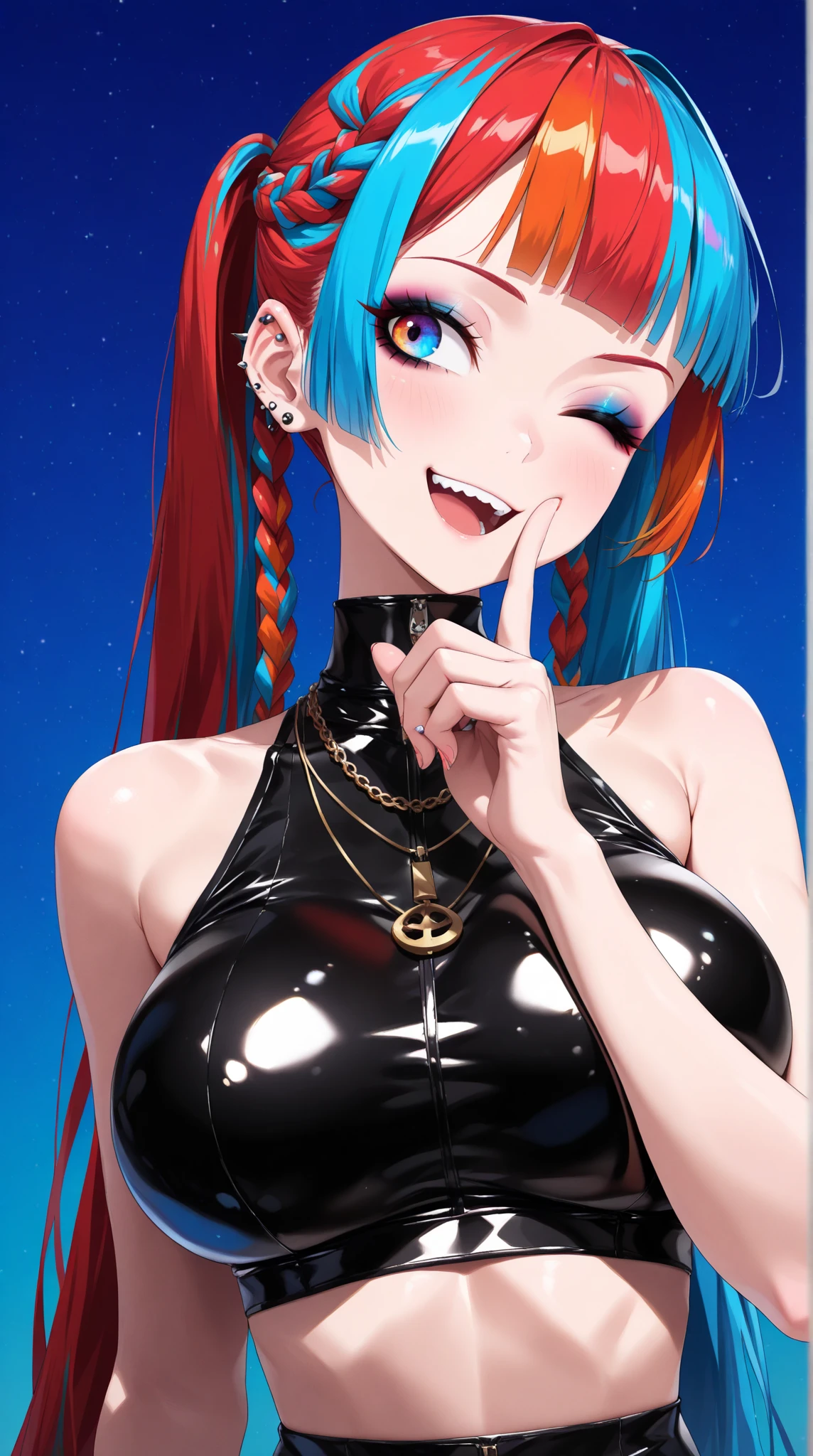 baby face, (showy fluorescence multicolored  hair:1.5,Straight hair:1.5), (Masterpiece, Position lights, Exquisite beautiful eyes: 1.5), Masterpiece*portrait, realist, ((dark background of different colors:1.5)),(low voltage girl:1.5),showy,3D way,(beautiful face),front view: 1.6、 (bright red eyes),(fictional:1.5)、(a despised face:1.2),()、pink mouth,Skinny body, shiny hair, shiny skin: 1.5、medium breasts,、Alone,(Stop)、(chrome dress:1.5)、(Character focus:1.5、Portlate、Eye focus,cowboy shot)、chr0m3dr3ss