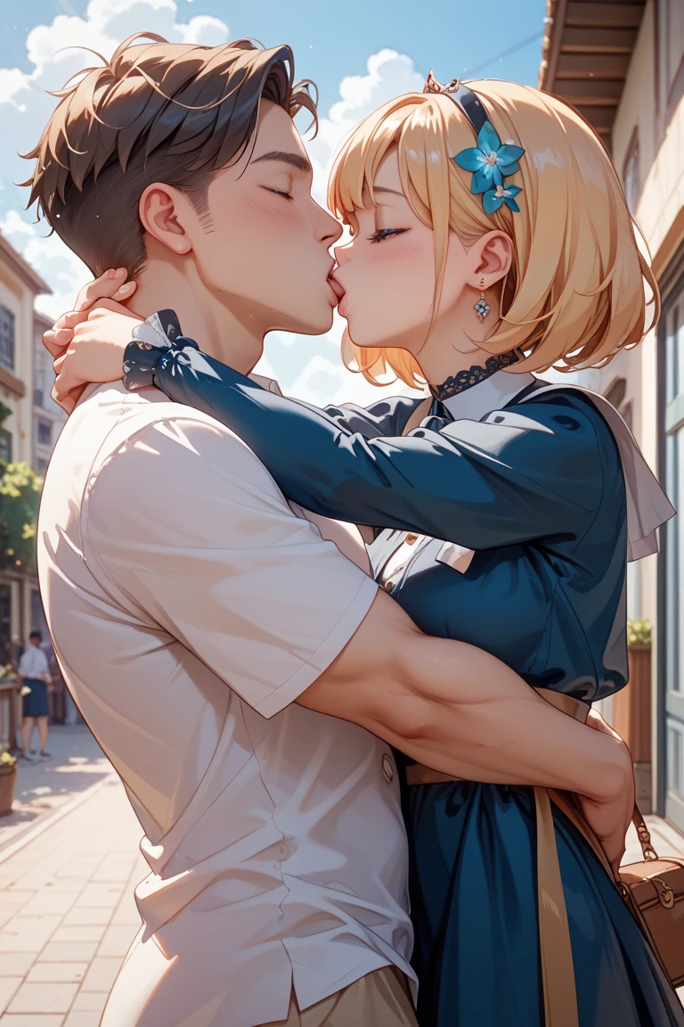 (masterpiece),1girl, full body, village, rain, clear sky, pale skin, blonde hair, short hair, blue eyes, serafuku, nsfw, vaginal, sex, hug, from side, supright straddle, foot focus,1 man