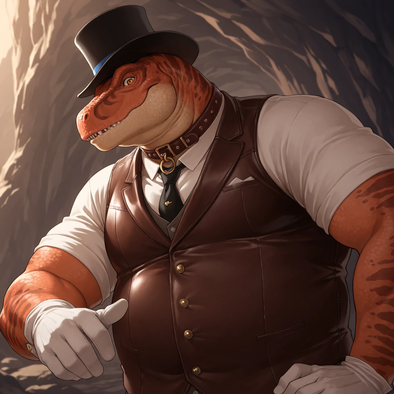Solo, Male, fat, squatting, extremely obese, gentleman, dapper Professor Dragon, blue eyes, (soft shading), 4k, hi res, ((detailed face, detailed)), looking at viewer, evil grin, jungle, forest, collared shirt with buttons, top hat, male focus, Safari Outfit, glasses, monocle, bag, vest with buttons, backpack, sleeves rolled up, round eyewear, brown headwear, brown vest, Dragon is wearing a glossy leather dog collar around the neck, Dragon is wearing the leather collar and shirt and vest at the same time, Dragon is wearing glossy white rubber gloves on the hands, wearing white rubber gloves on the feet, Dragon is wearing glossy white cuffs around the wrists with cufflinks, gloves are rubber in texture, clenching teeth, clenching fists, leather collar is glossy and shiny with a lot of detail, Dragon is wearing gloves and cuffs and cufflinks at the same time, leather collar has a round dog-tag, leather collar is thick and detailed.