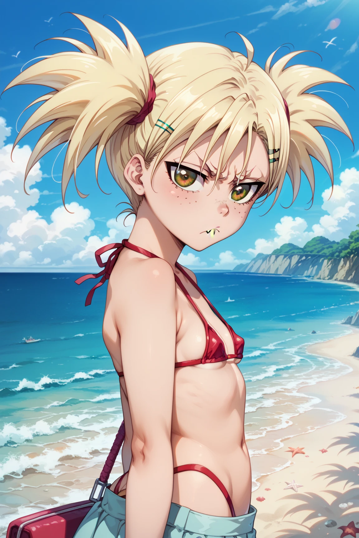 (One Punch Man Tatsumaki, hyper realistic, age 17, beautiful detailed eyes, beautiful detailed lips, extremely detailed face and features, long eyelashes, sexy 2 piece bikini, yelling, angry expression, dynamic pose) (Saitama, pasty complexion, no shirt, swim trunks, looking confused, standing on beach), beach, ocean waves, golden sunset lighting, highly detailed, cinematic, photorealistic, masterpiece, vibrant colors
