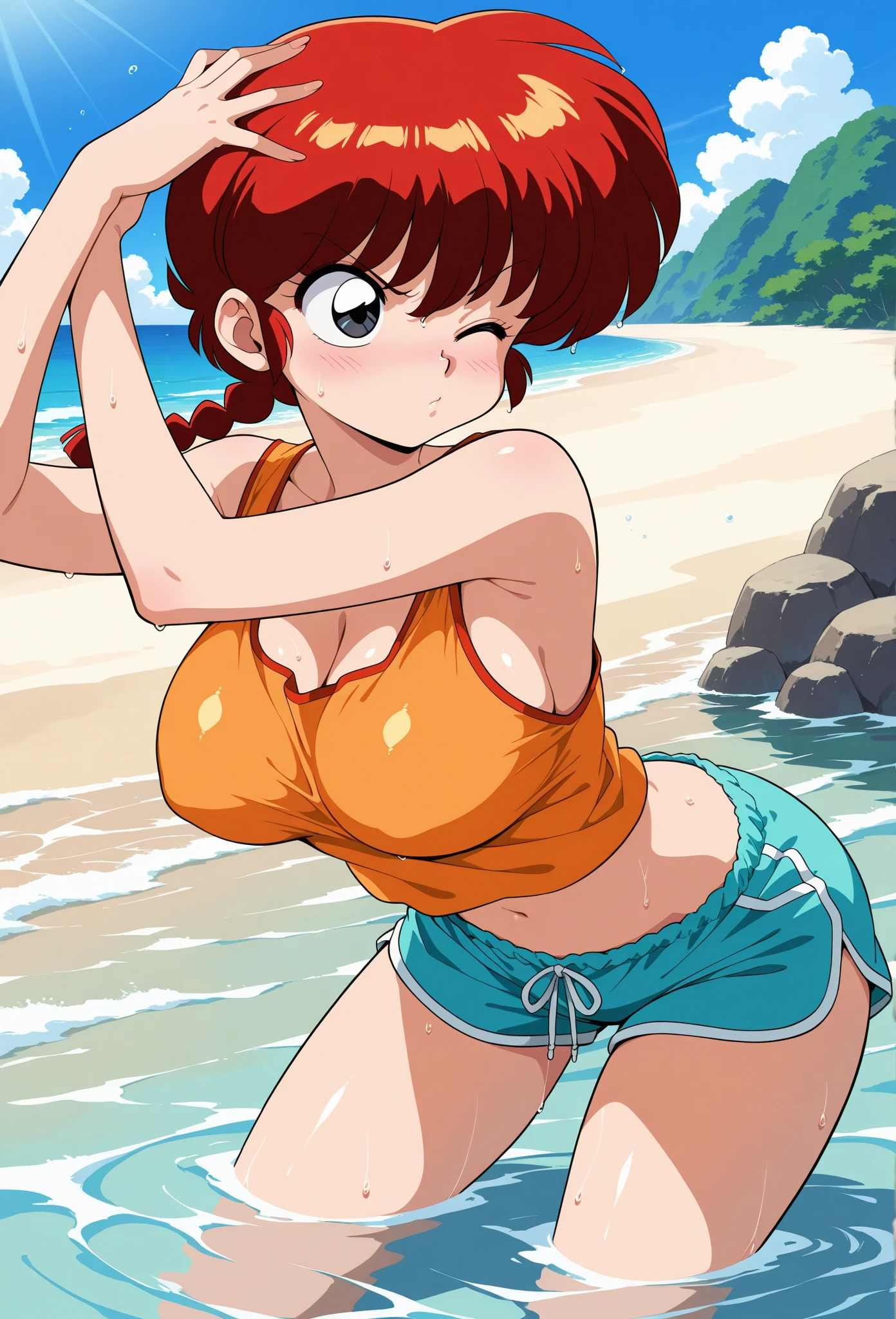 masterpiece, best quality, 1 girl, kinomoto sakura, antenna hair, brown hair, short hair, ponytail, green eyes, school swimsuit, hands behind head, one piece swimsuit, mouth closed, puffing out cheeks, angry, solo, looking at viewer, sea, sand, blue sky, tropical island background, sticking her ass out, sexy position, leaning on table looking at viewer, solo, outdoors, blue sky, park background